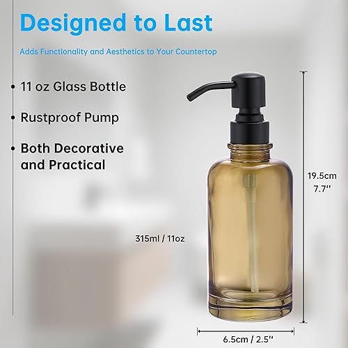Miniatura 5 de Dispensador de jabón de vidrio ámbar claro con bomba negra, dispensador de jabón líquido de 11 onzas, botella cilíndrica con bomba de acero Botella