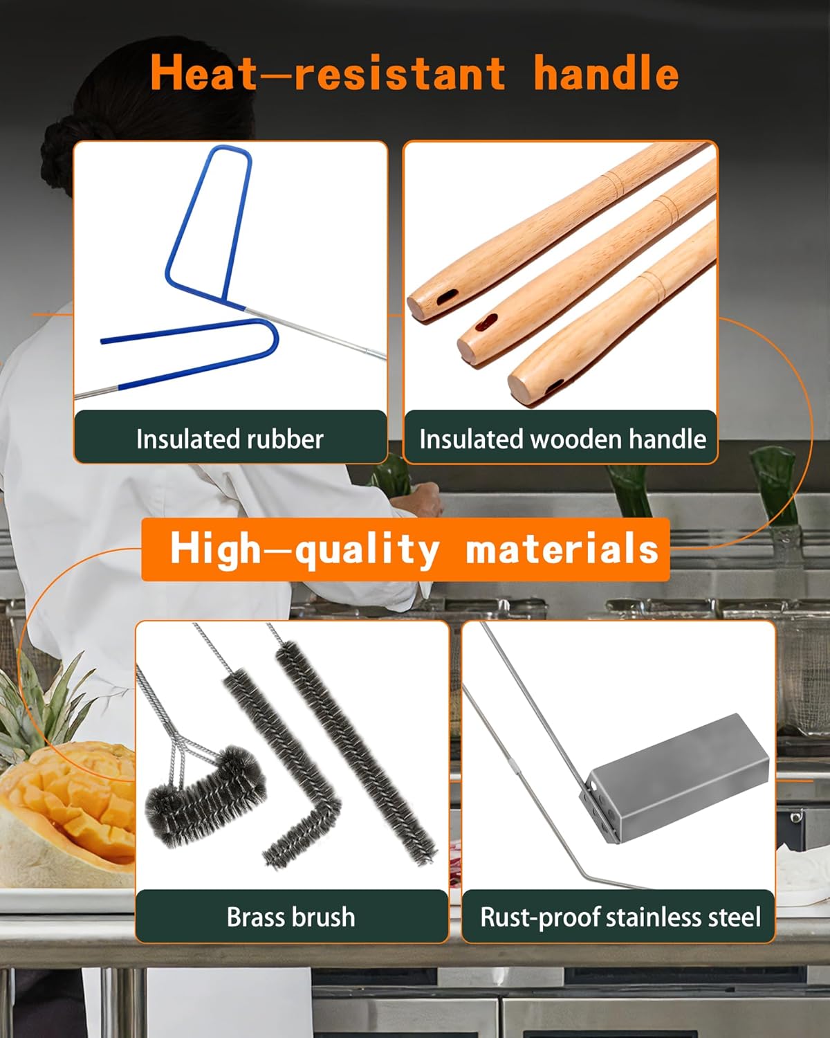 Fryer Cleaning Tool 5 Piece Set, Deep Fryer Basket Brush, Long Handle L-Shaped & Straight Crevice Cleaning Brush, Cleanout Rod Kit and V-Shaped Strainer Scoop for Commercial Kitchen, Fryer