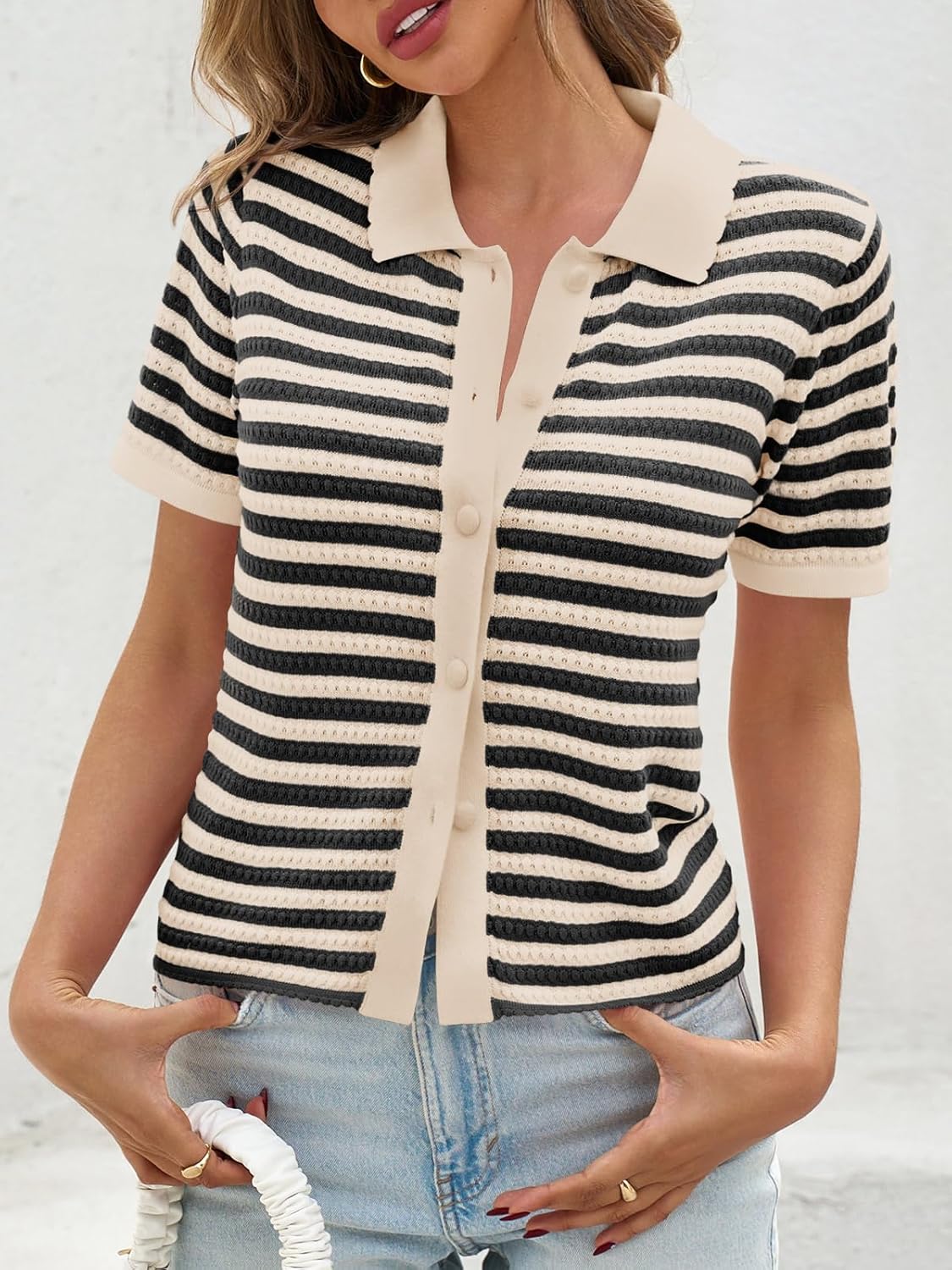 Saodimallsu Womens Striped Short Sleeve Sweater Tops Polo Collared Button Crochet Summer Cropped Cardigan - Image 3