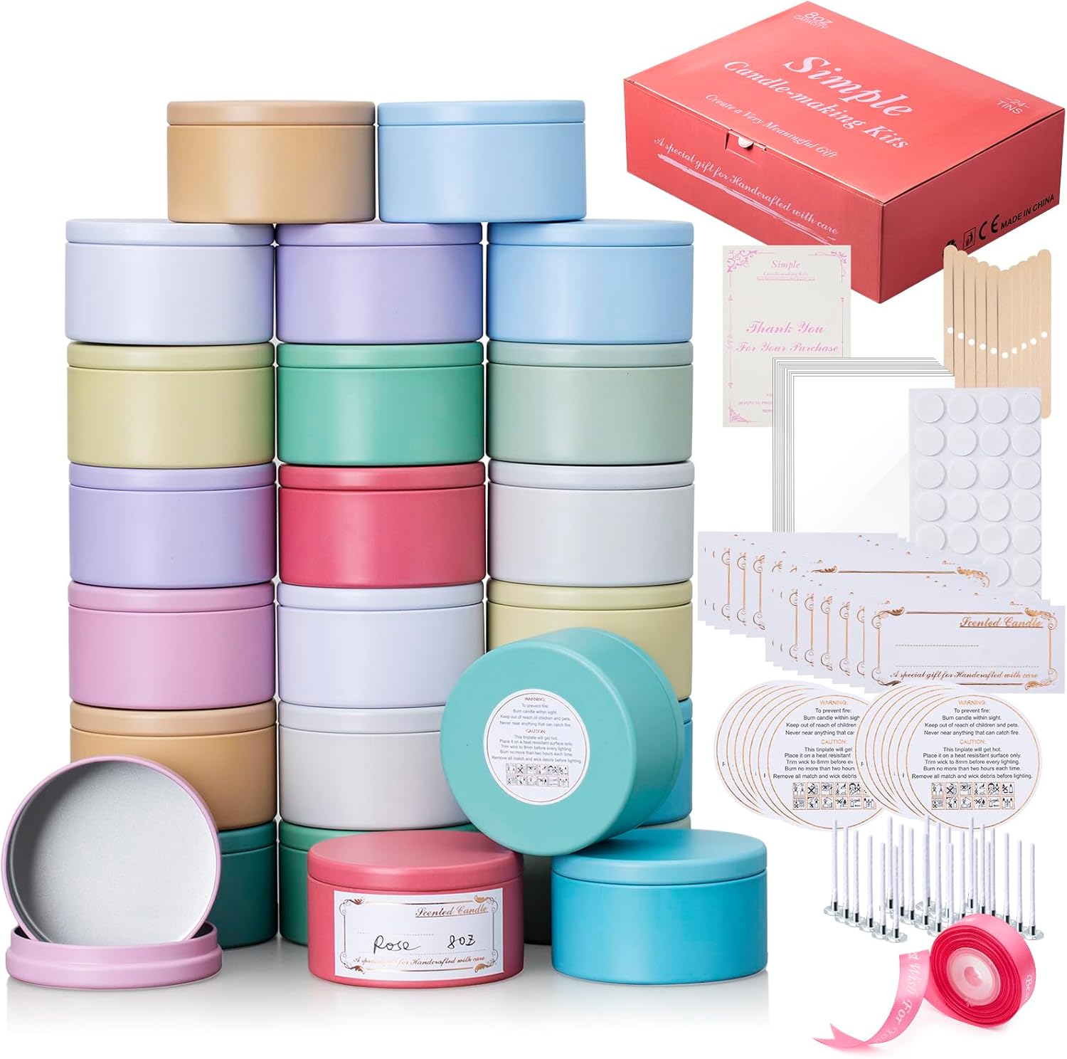 Domivirgo 24 Empty Candle Tins 8 oz with Lids for Making Candles - Simple Candle Making Kit, Include Wicks, Holders & Stickers, Labels, Pink Ribbon,Gift Box & Card and Transparent Bags (Colorful)