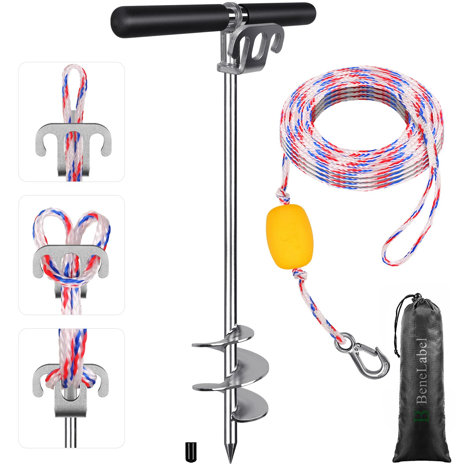 BeneLabel Boat Anchor, Heavy Duty Kayak Sand Stake 66cm Screw in Shallow Water Canoe Beach Anchor SUP Spiral Wind Storm Spike Peg for Small Medium Large Boat with Storage Bag & 975cm Rope Hook