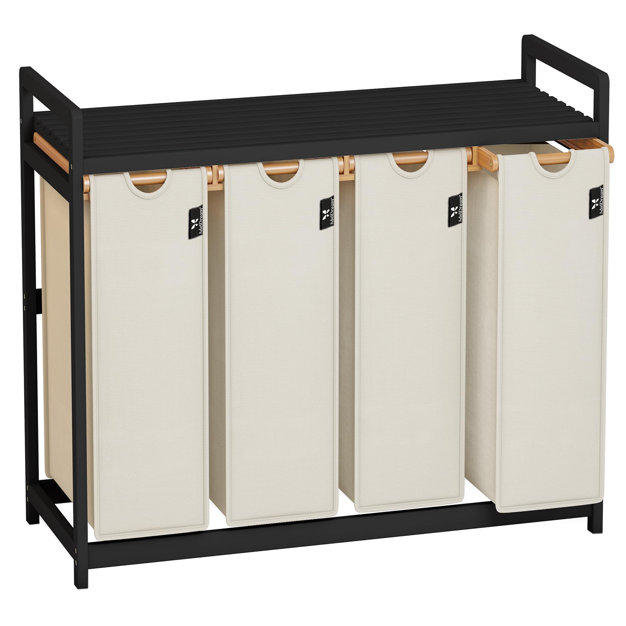AdelDream 4 Compartment Laundry Basket 200L Black Frame Laundry Basket with Shelves Removable Washable Laundry Bag Large Laundry Basket Bamboo Frame
