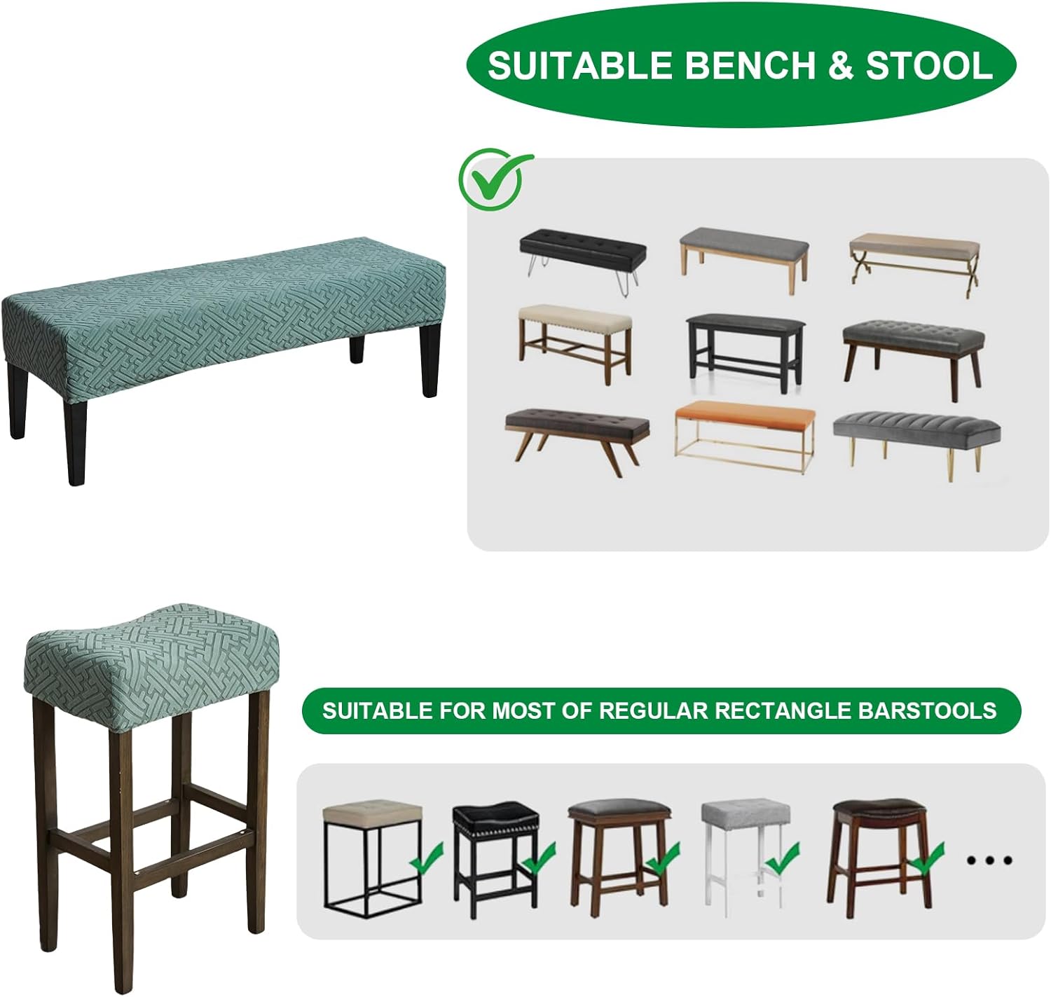 Dining Bench Covers and Stool Covers Rectangular Set of 4, Saddle Seat Cover Stretch Jacquard Bench Seat Protector Cover Bar Chairs Covers, Light Green