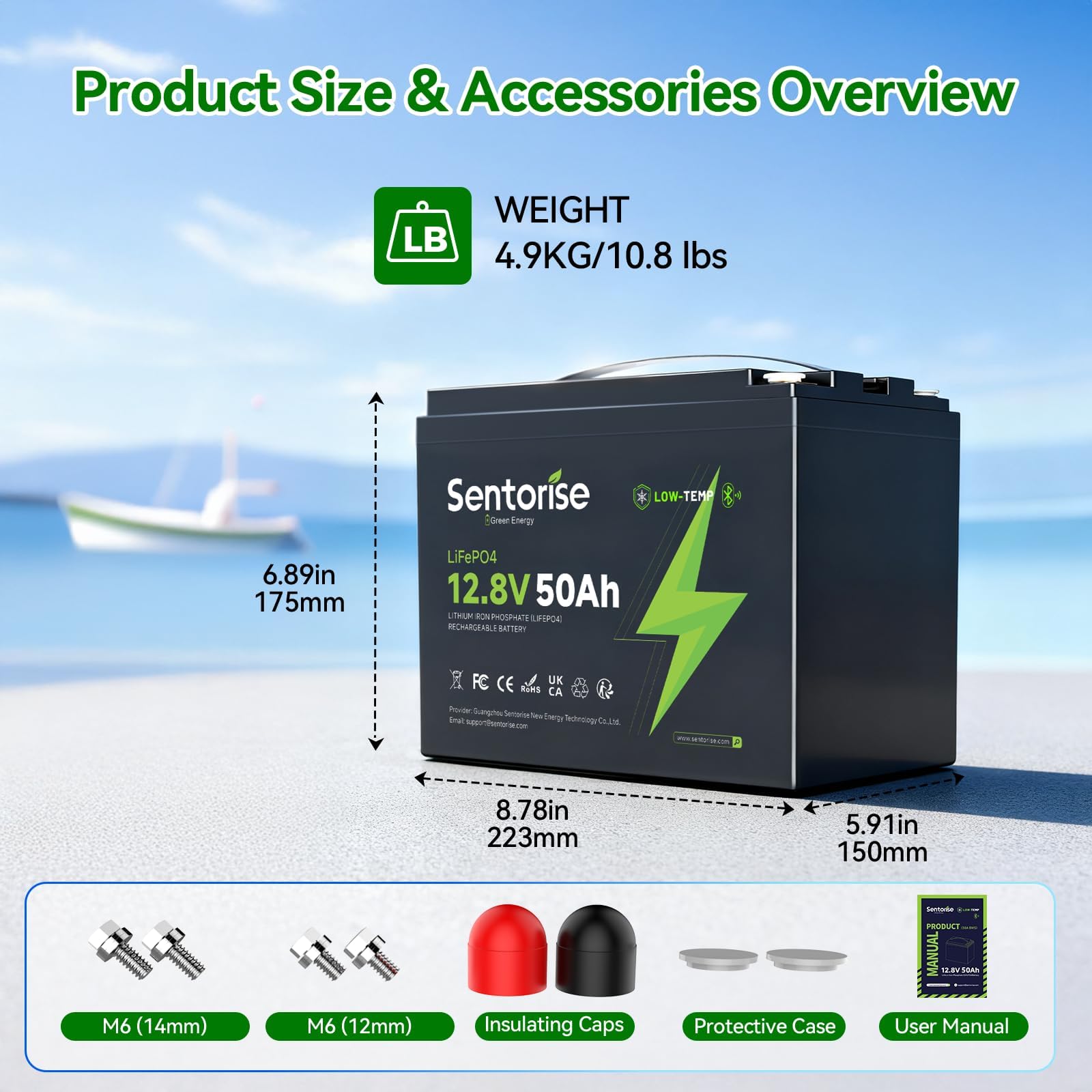 Batterie LiFePO4 12.8V 50Ah 640Wh Batterie à décharge profonde avec BMS 50A, protection basse température Remplacement léger pour camping‑car, marine, bateau, solaire, camping