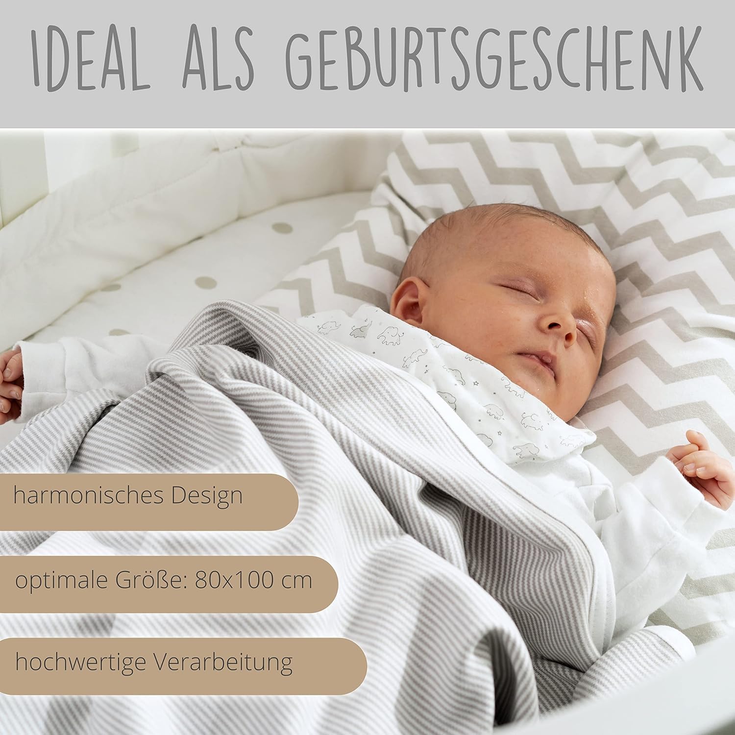 mimaDu - Premium Babydecke 100% Oeko-TEX gekämmte Baumwolle - Baby Baumwolldecke ideal als Kuscheldecke für Junge & Mädchen - Winter Baby Decke extra warm, weich & atmungsaktiv 80x100cm (Grau/Weiß)