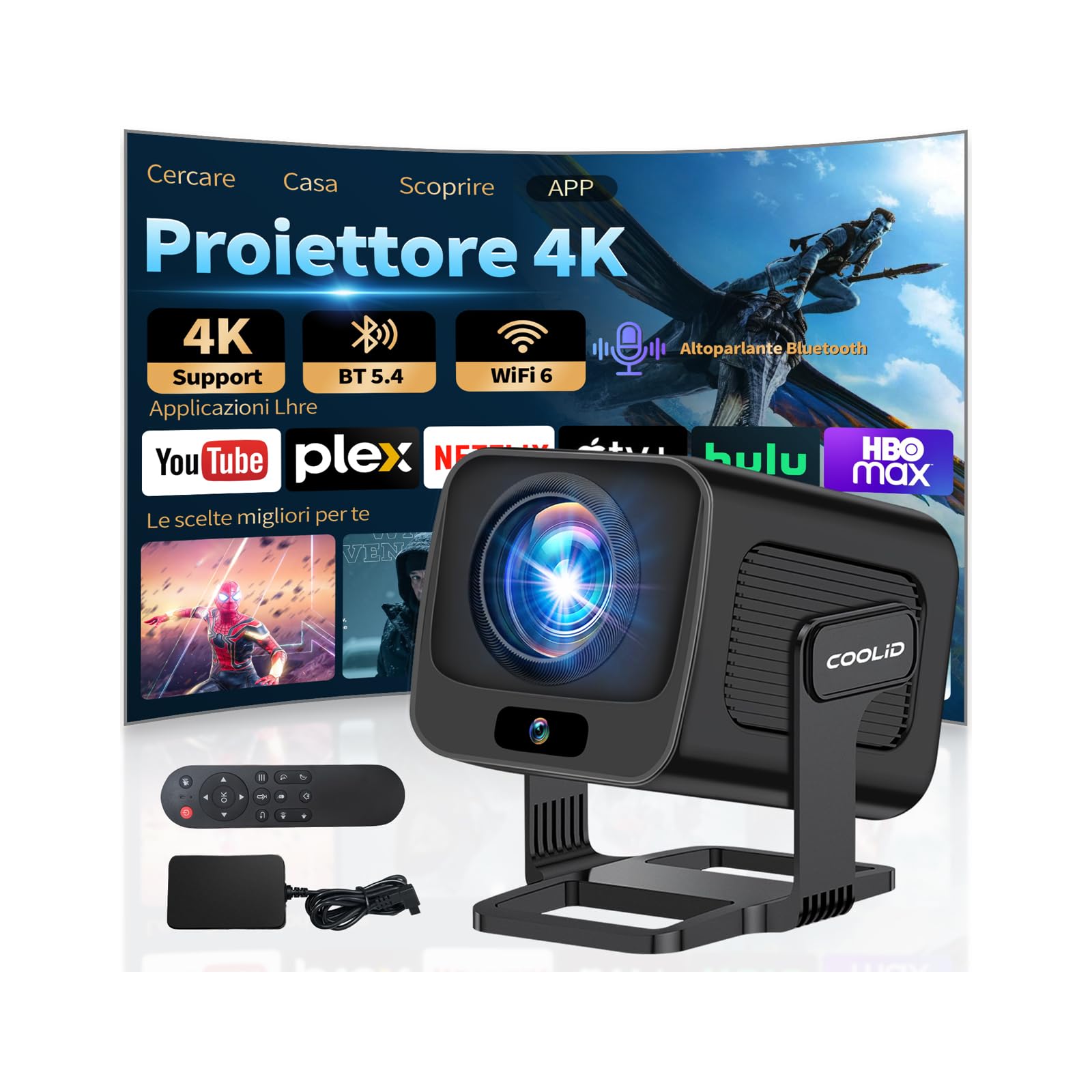 Proiettore Portatile 1080P HD, Mini Proiettore WiFi 6 Bluetooth 5.4 Videoproiettore Focus Elettronico Auto Keystone App Integrata, iOS/Android TV/Chiavetta TV/USB/Laptop
