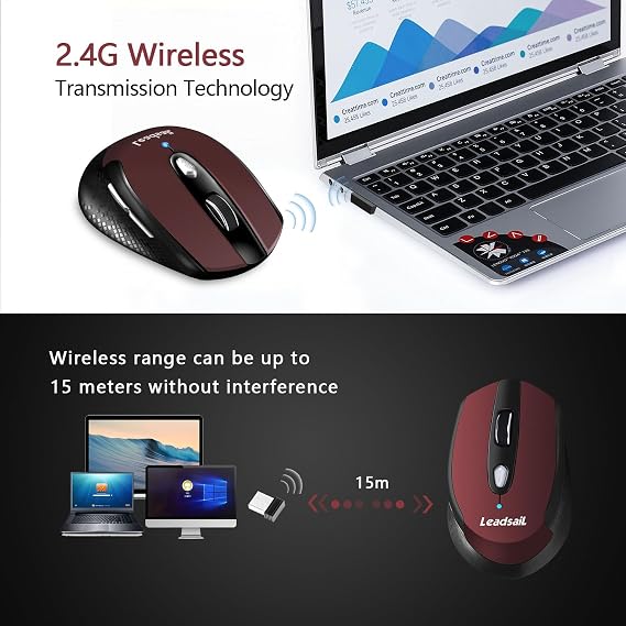 LeadsaiL Wireless Mouse for Laptop, Silent Cordless USB Mouse, 6 Buttons, Battery Included, 1600DPI with 3 Adjustable Levels (Dark Red)