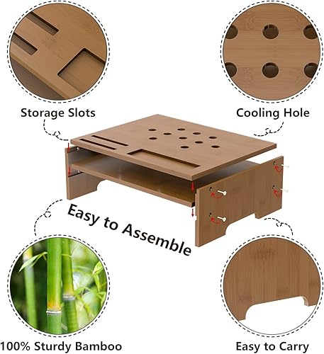 Miniatura 6 de Soporte elevador para monitor con organizador de almacenamiento de escritorio con agujeros de refrigeración, estante elevador de bambú para