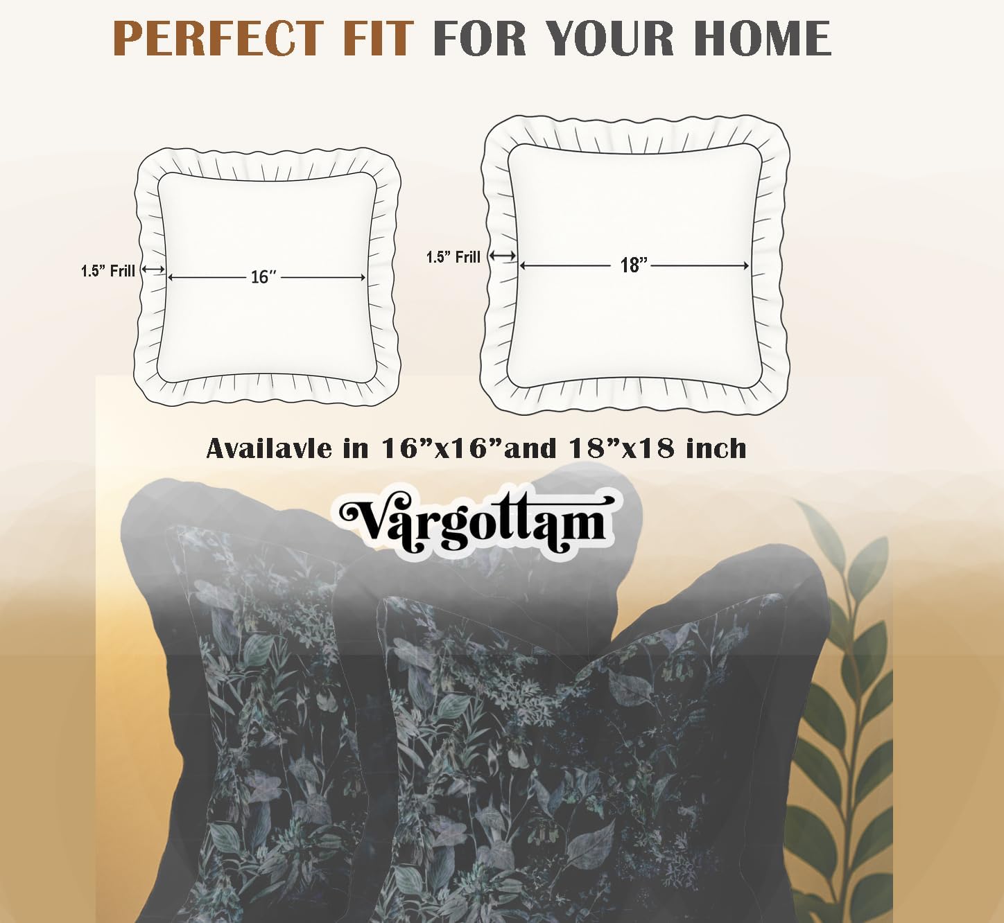 Cotton Twill Frill Cushion Covers 16 Inch Square, Set of 2, Reversible Print, Farmhouse Throw Pillow Covers with Hidden Zipper - Leaves Pattern