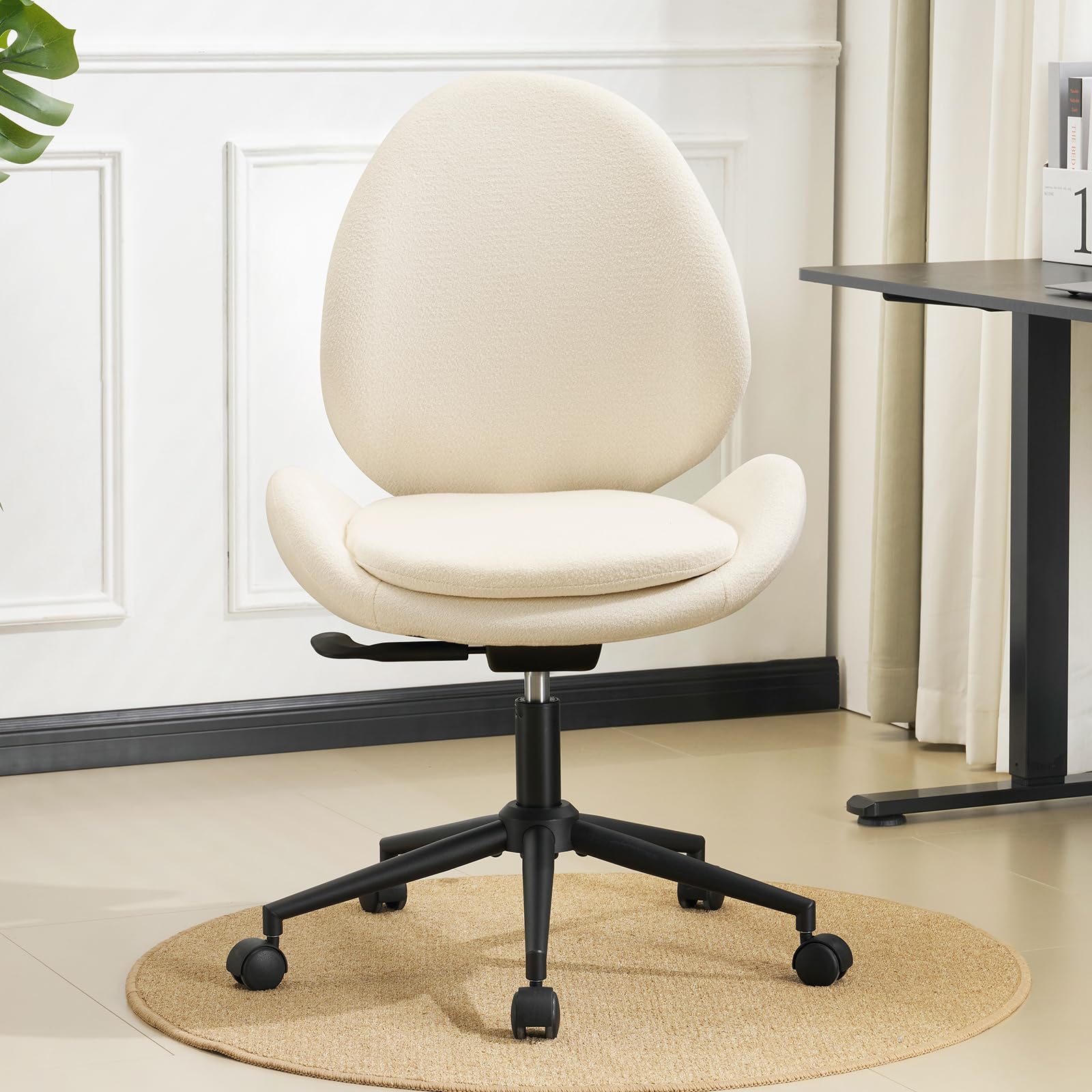 Furniliving Chenille Armless Desk Chair with Wheels, Upholstered Home Office Chair with Double-Layer Cushion, Adjustable Swivel Computer Vanity Chair