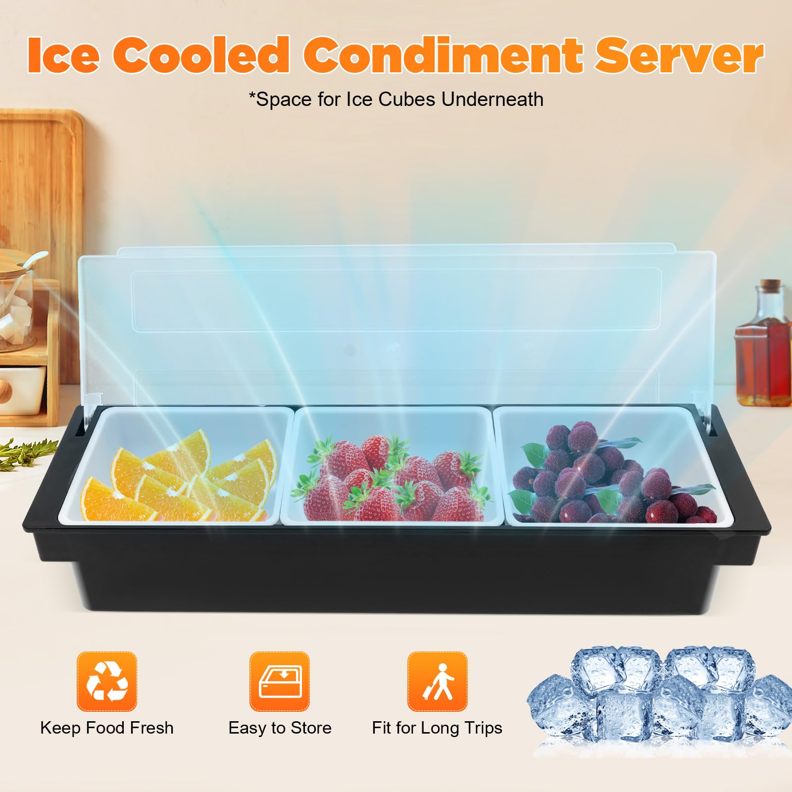 Plateau Distributeur de Condiments Serveur de Condiments avec Couvercle à Charnière Boîte à Fruits Trois Plateaux