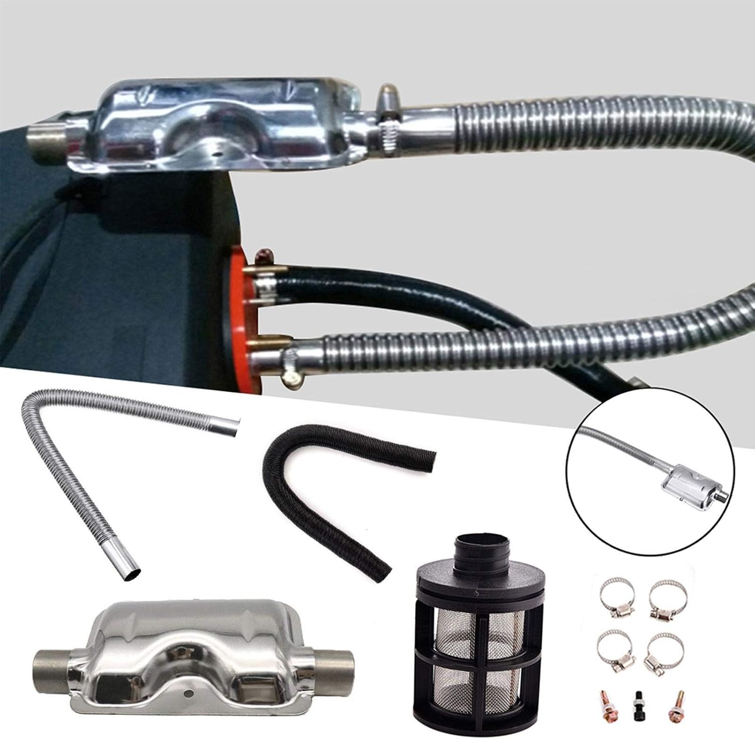 Universal Car Consumables Accessories Diesel Parking Heater 24mm Exhaust Silencer Muffler + 25mm Air Filter + 2Pipe for Air Diesel Heater for Webasto Eberspache