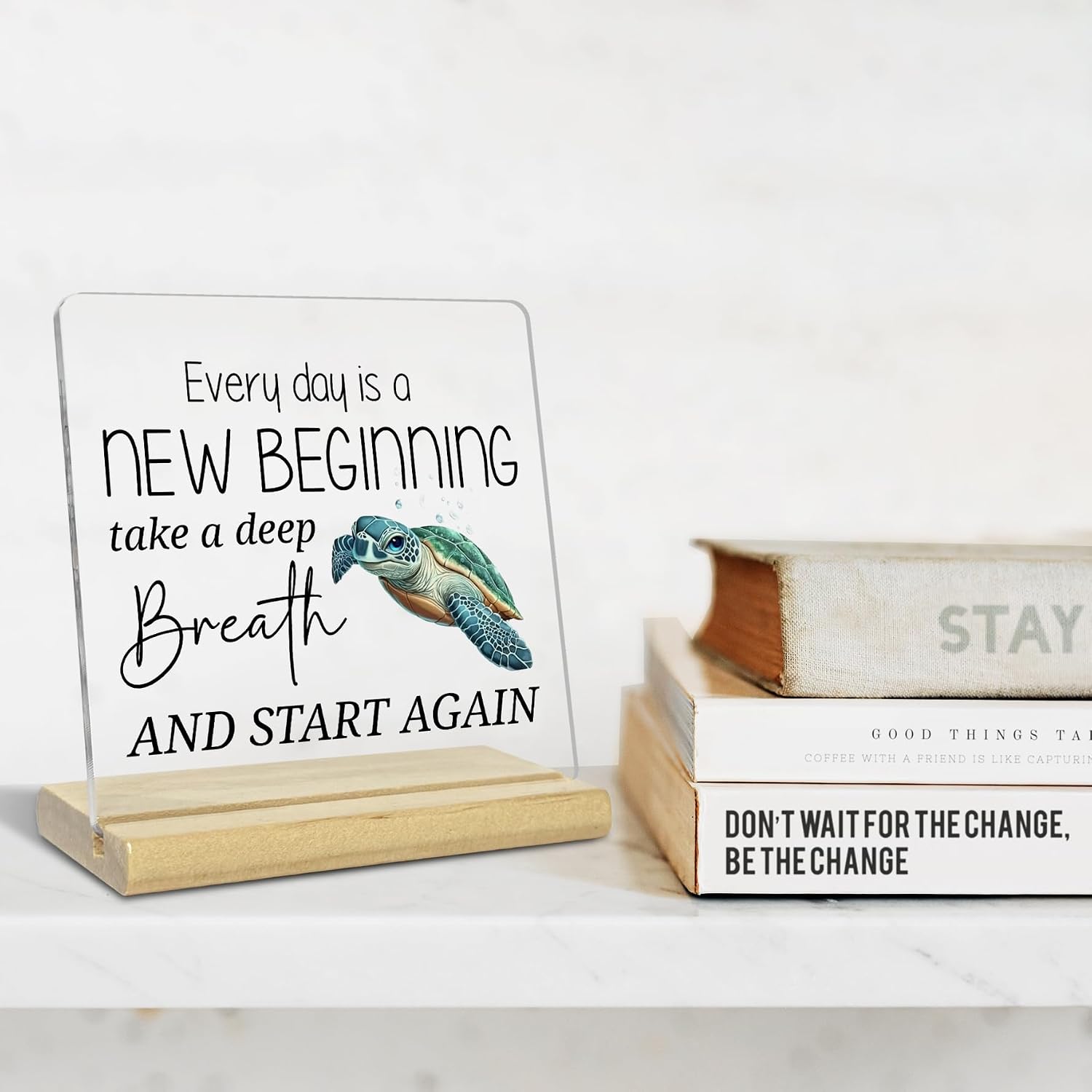 Spring Decor Sea Turtle Gifts for Women,Every day is a New Beginning Take A Deep Breath Acrylic Desk Plaque,Housewarming Acrylic Keepsake Gift image 3