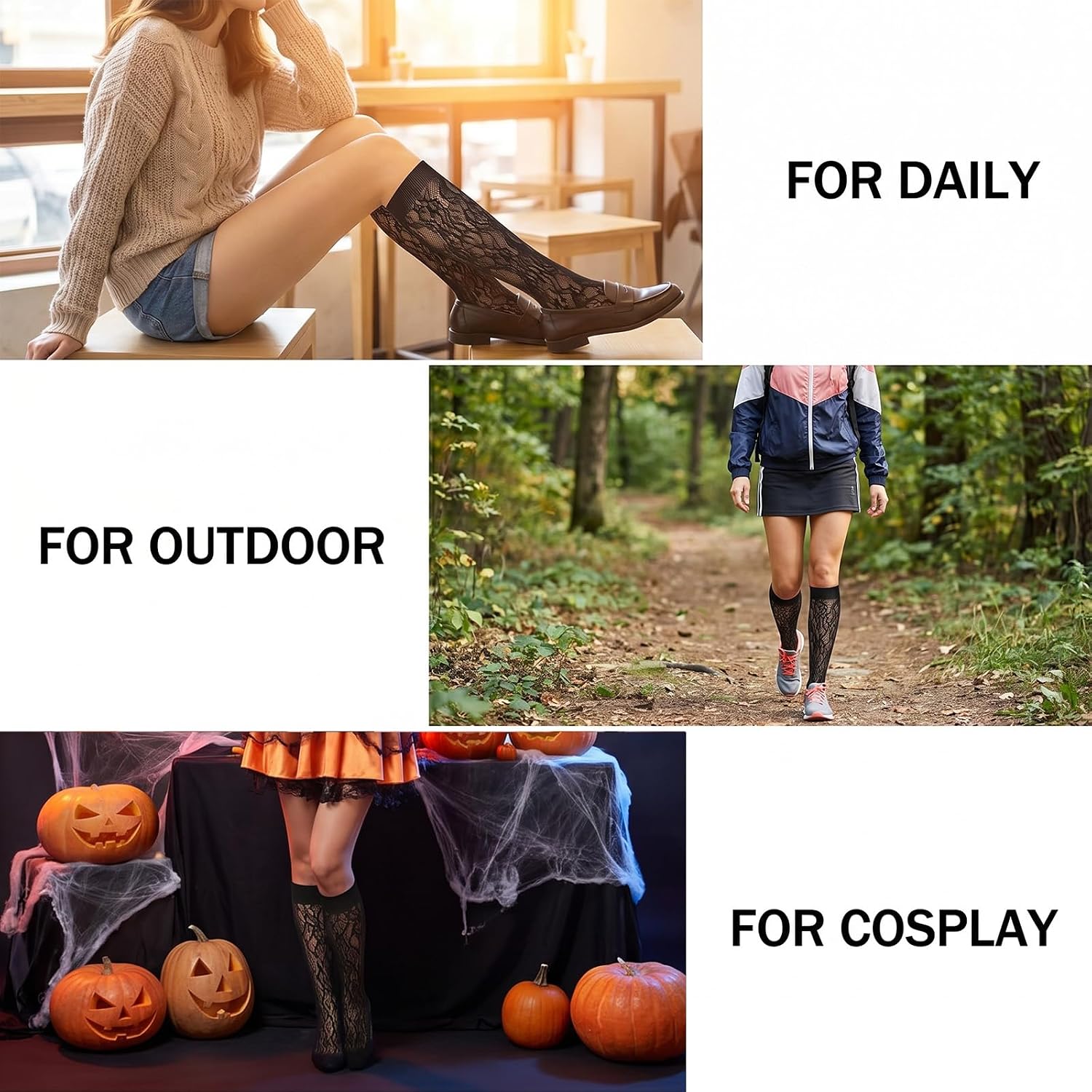 6 Pairs Knee High Lace Socks,Lace Knee High Socks Fishnet Mesh Hollow Out Calf Sock for Women Boots,Short Skirt,Shoes (Black,White)