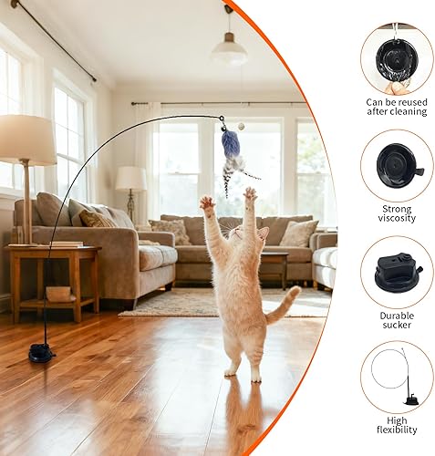 Miniatura 4 de Juguete interactivo de plumas para gatos, paquete de repuesto de juguete de pluma de caña de pescar duradera, ventosa mejorada, teaser colgante para