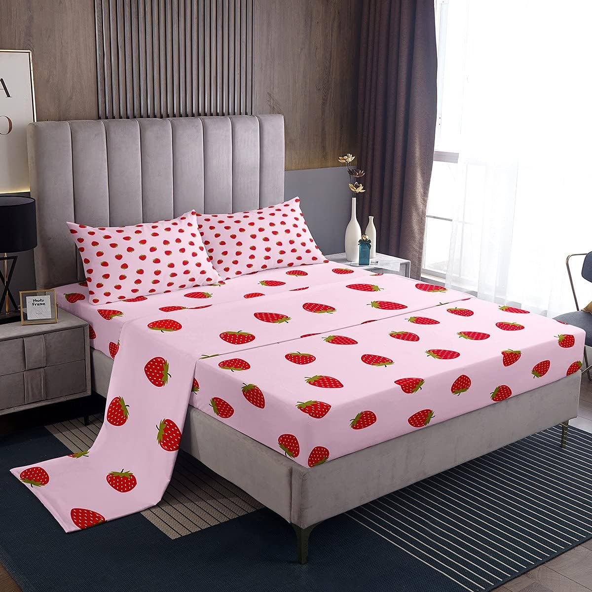 Loussies Kids Strawberry Kawaii Sheet Set, Single Size Pink, Ultra Soft, Cute Cartoon Fruit Bedding, Flat Sheet, Fitted Sheet