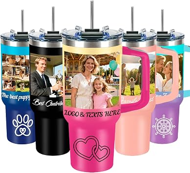 Personalized 40 OZ Tumbler with Picture Text, Custom Water Bottle, Custom Cups Tumblers With Handle, Personalized Birthday Gifts for Men Women Office Friend, Employee Appreciation Gifts Bulk
