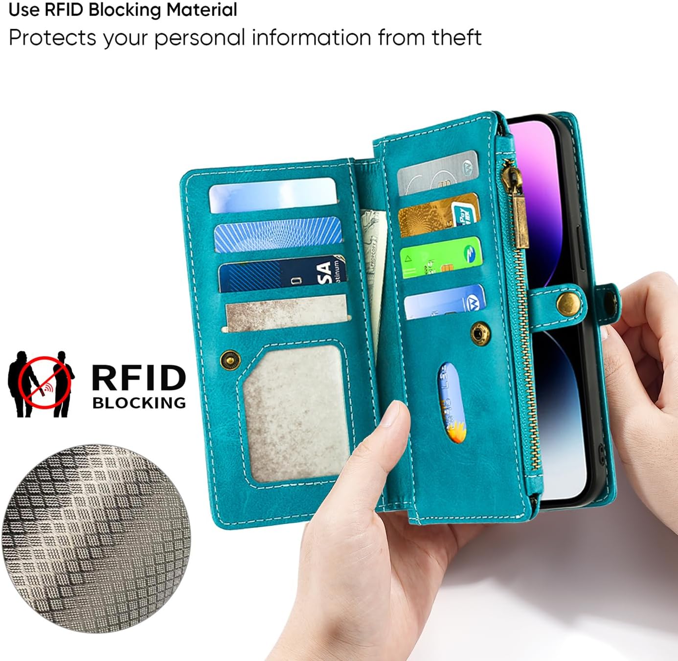 MInCYB for iPhone 14 Wallet Case – Detachable Magnetic Wallet with RFID Blocking, PU Leather Zipper & Strap for Women Men Blue