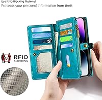 Vista 6 de MInCYB Funda tipo cartera para iPhone 13 Pro Max con 10 ranuras para tarjetas, magnética, desmontable, con bloqueo RFID, funda de piel sintética