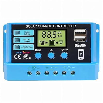 amiciSmart Solar Charge Controller 30A, 12V/24V Intelligent Battery Regulator for Lead Acid & Lithium Battery with LCD Display and 3A USB Port
