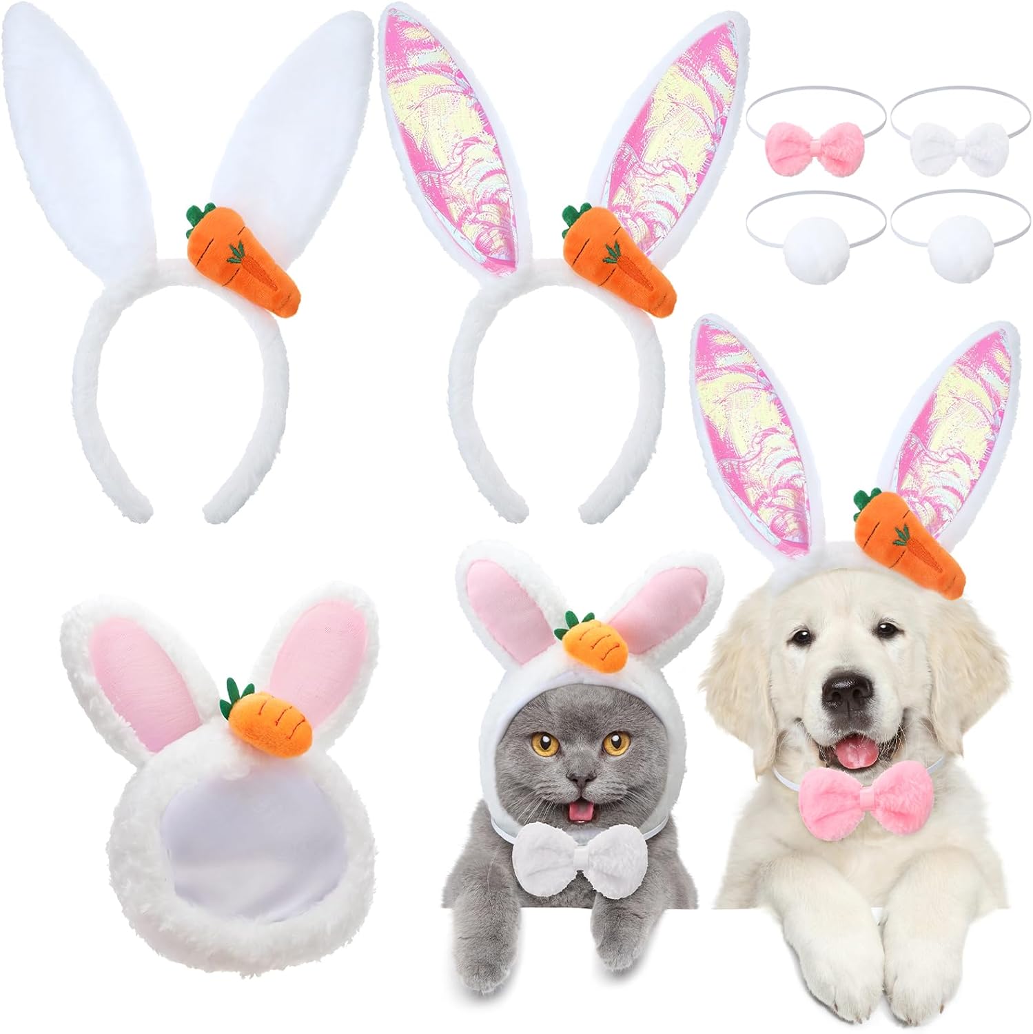 Weewooday 3 Set Dog Bunny Ears Easter Costume, Dog Headband Cat Rabbit Ear Hat Cute Pet Bow Collar Puppy Tail for Pet Easter Party Costume Accessories Supplies(Cute)