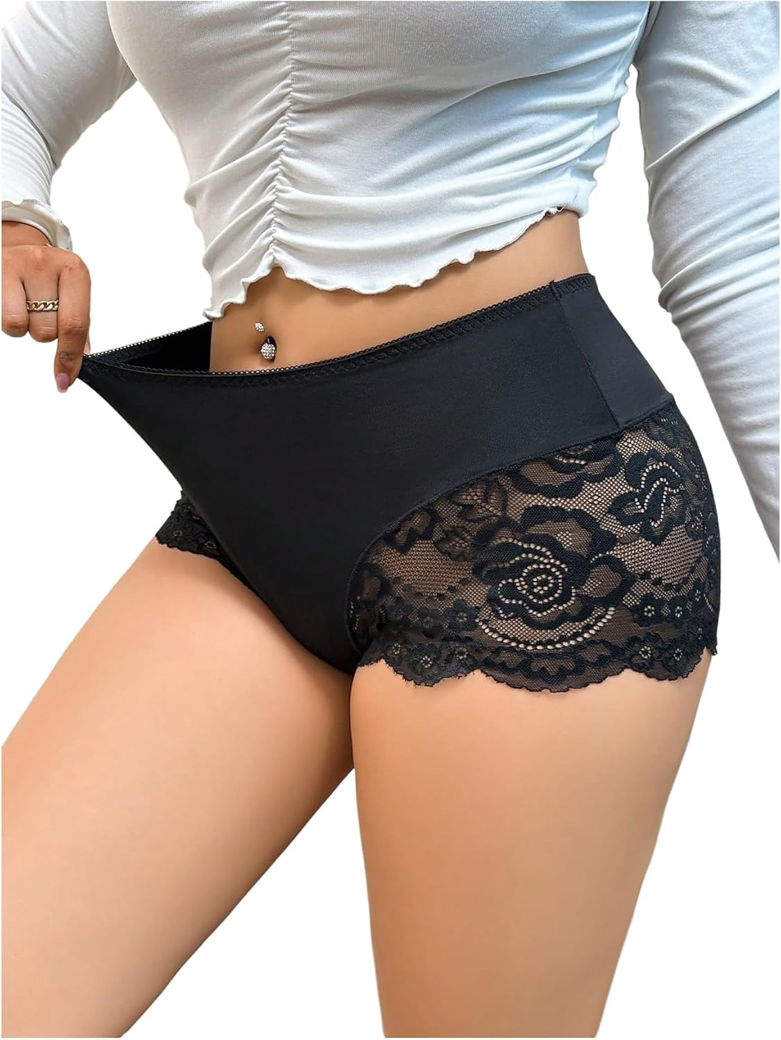 OYOANGLE Women's Plus Size Contrast Lace Boyshorts Mid Rise Tummy Control Panties Underwear
