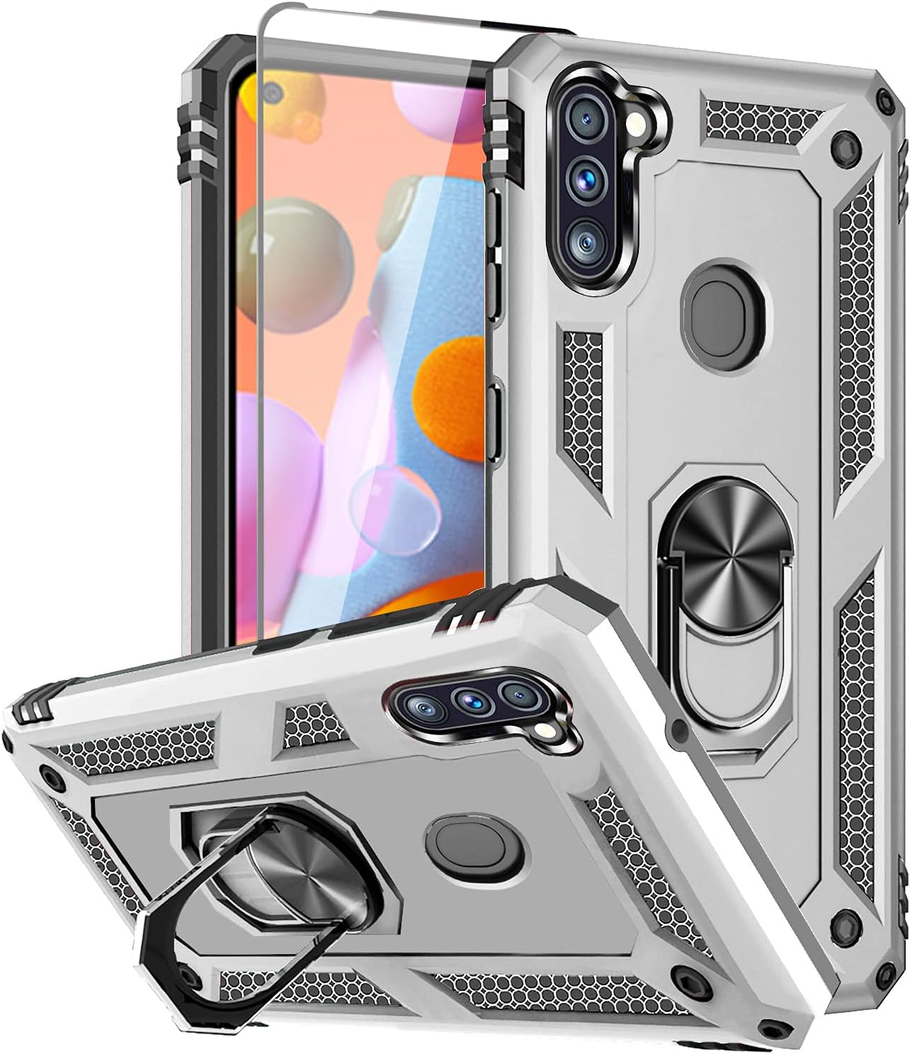 SunRemex Galaxy A11 Case with Tempered Glass Screen Protector. A11 Case Kickstand [ Military Grade ] 15ft. Drop Tested Protective Case Cover for Samsung Galaxy A11 Phone (Silver)