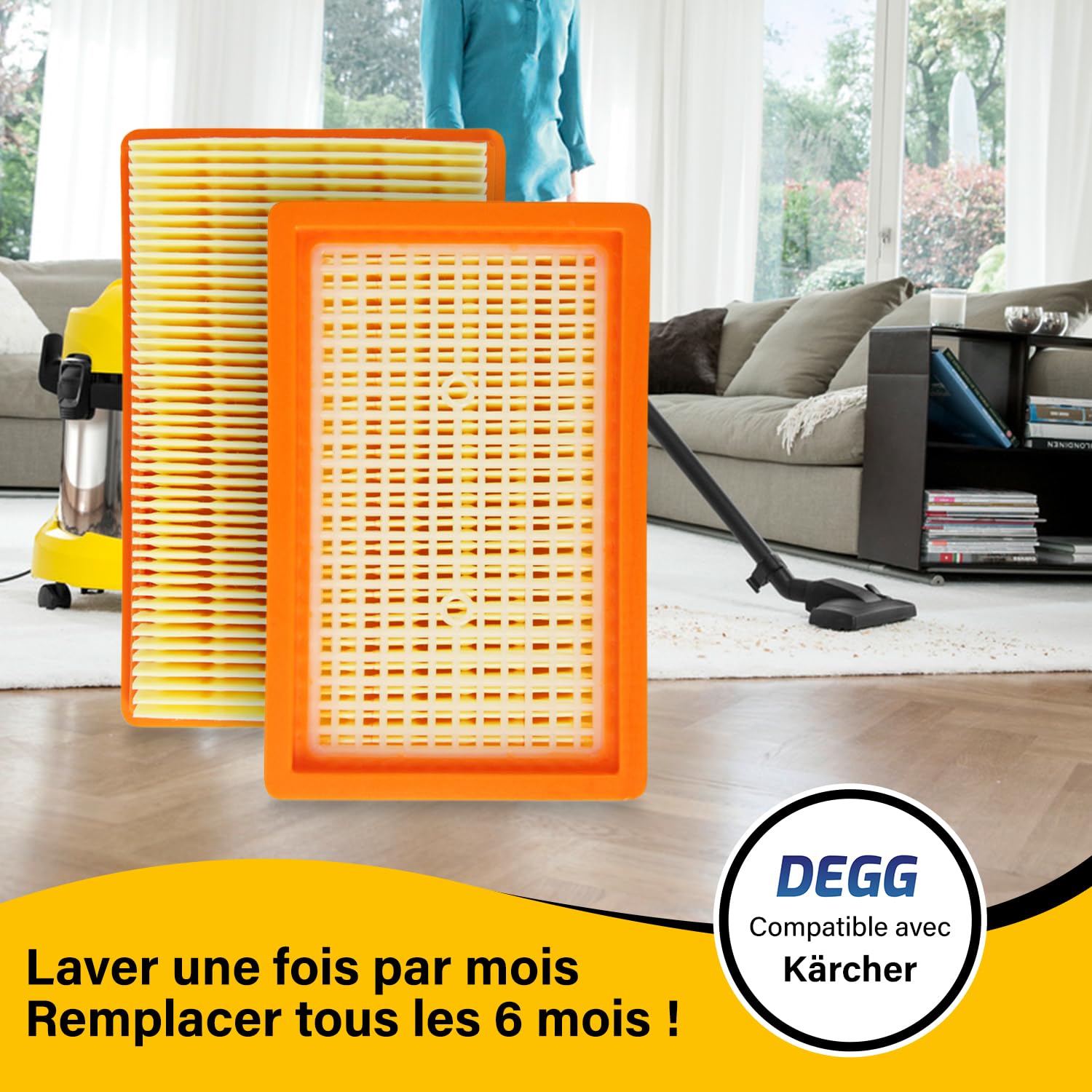 DEGG Filtres Plissés Plats - Compatible avec aspirateurs Kärcher WD4, WD5, WD6, MV4, MV5 et MV6 - Filtre de rechange 2.863-005.0 - Ajustement perfait - Accessoire pour aspirateur - Lot de 2