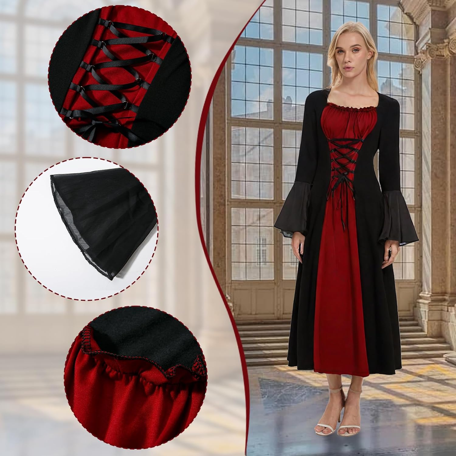 Renaissance Costume for Women,Medieval Dress with Trumpet Sleeves,Vampire Witch Gothic Dress for Halloween - Image 2