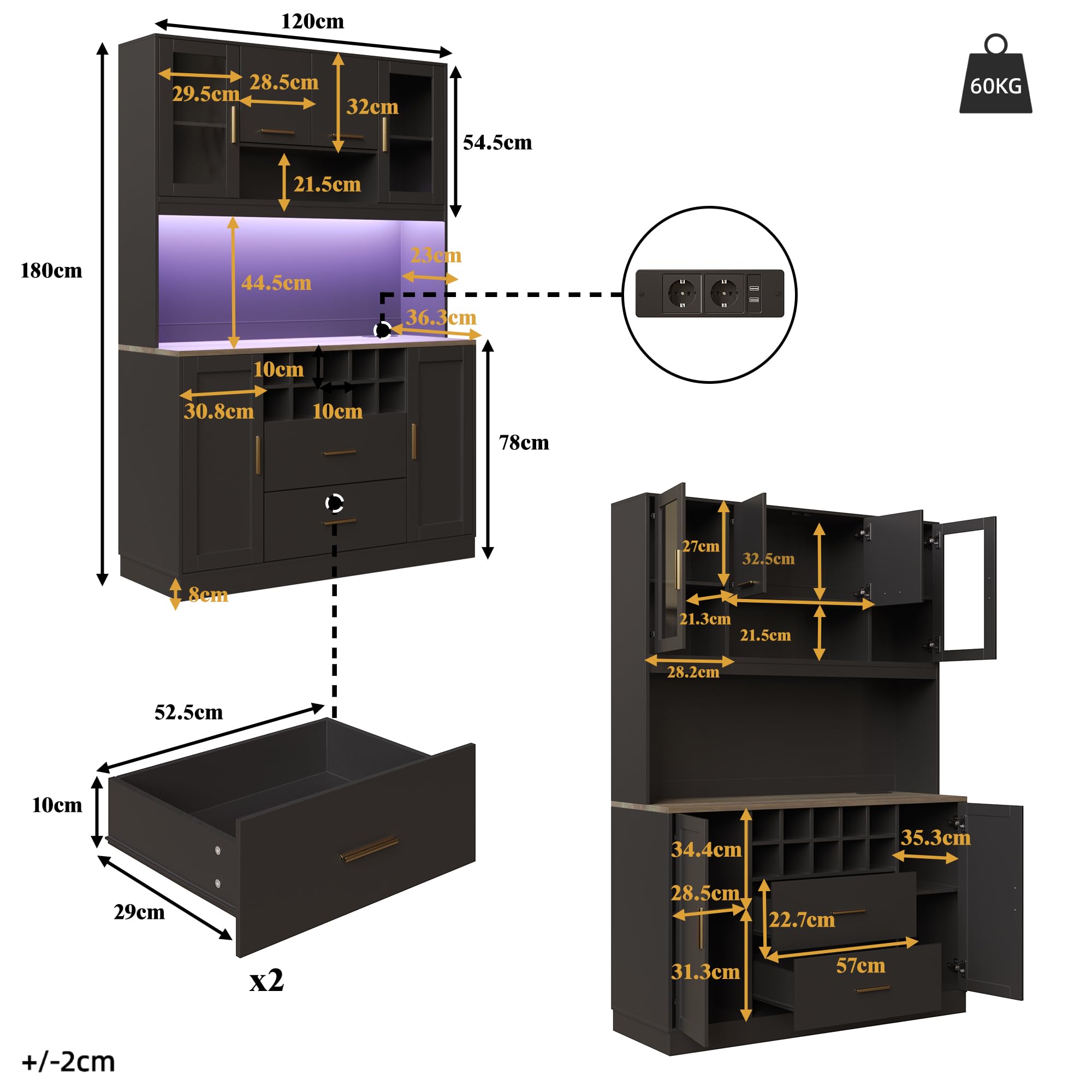Armoire de cuisine haute 120 x 36 x 180 cm, buffet avec éclairage LED et prise, buffet de cuisine, avec étagère à vin et plusieurs étagères, armoire de rangement pour cuisine, salon (noir)