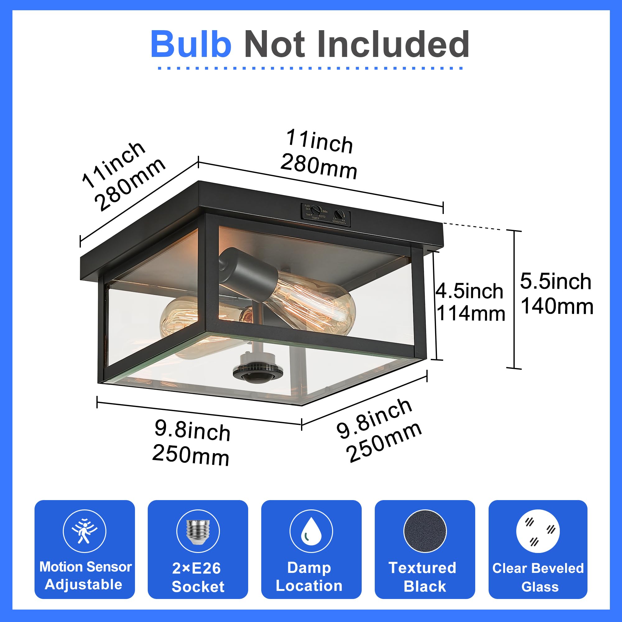 Lámpara de techo ajustable con sensor de movimiento para exteriores, diseño moderno de cuadrados, montaje empotrado, 2 luces texturizadas, color negro con vidrio transparente para tu porche, garaje