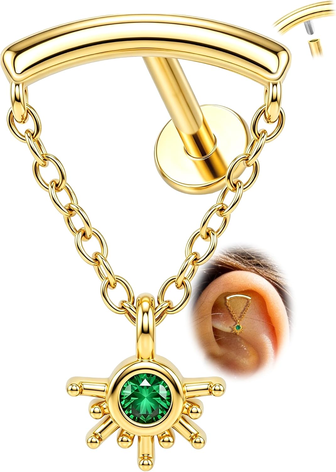 Hidden Helix Earrings-16g Dangle Chain Cartilage Earrings Stud for Women,Internally Thread Helix Piercing Jewelry