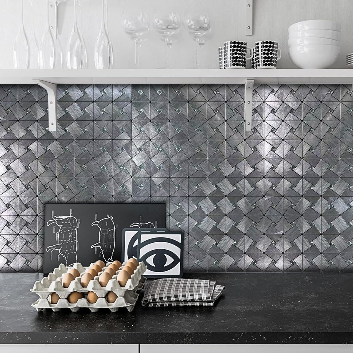 10 Sheets Peel and Stick Backsplash Tile, Self-Adhesive Mosaic Tile, Stick on Kitchen, Bathroom Vanities, Fireplace Décor, Laundry Table (Brushed Silver+White Diamond)
