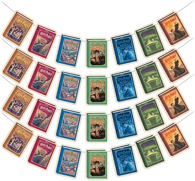 ConQuest Journals Harry Potter Literary Book Cover Art Hanging Cardstock Banners, 4 Strings of 7 Cards 28-Pieces, 5.5 x 4 Cards, 72 Clear Nylon Strings, Officially Licensed Harry Potter Decor