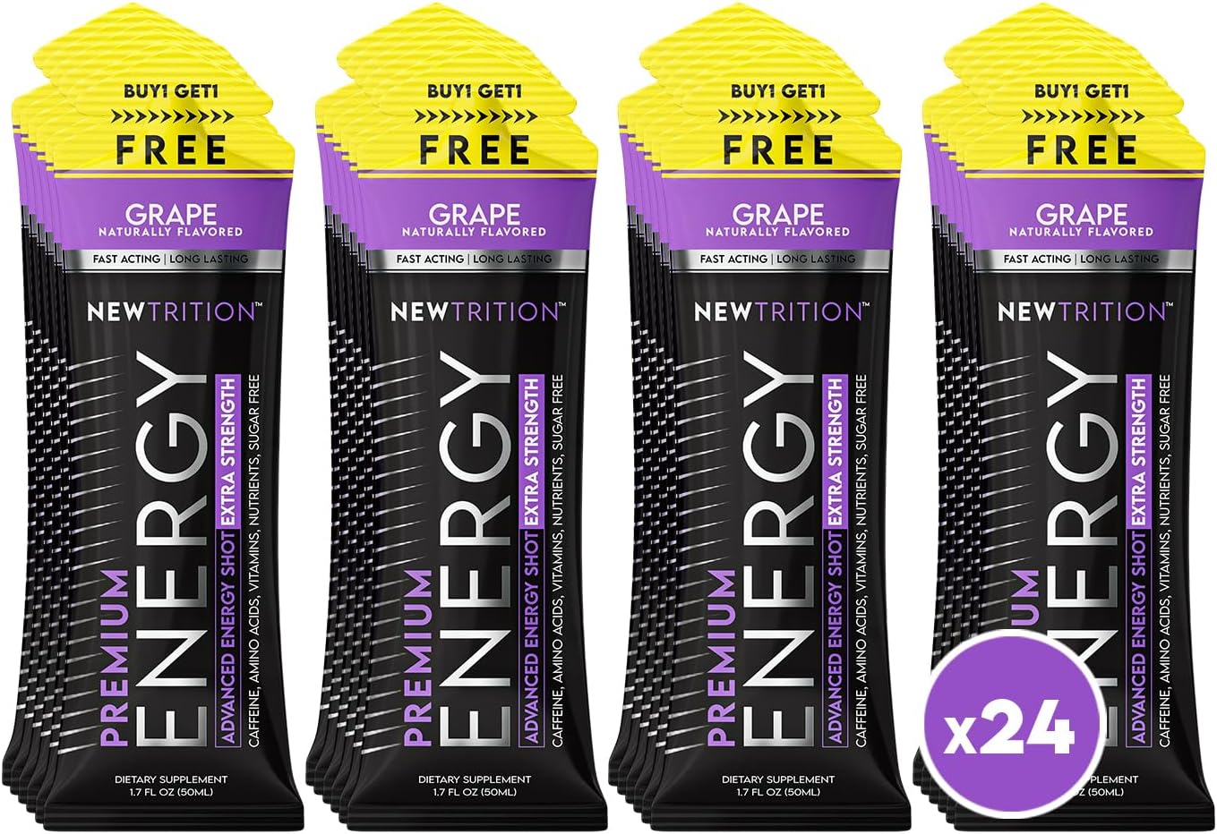 - Extra Strength Energy Shots, 1.7 fl oz - 250mg Caffeine with Vitamin B & Amino Acids, Sugar-Free, Zero Calorie Vitamin Energy Drink for Focus & Endurance (Pack of 24, Grape)