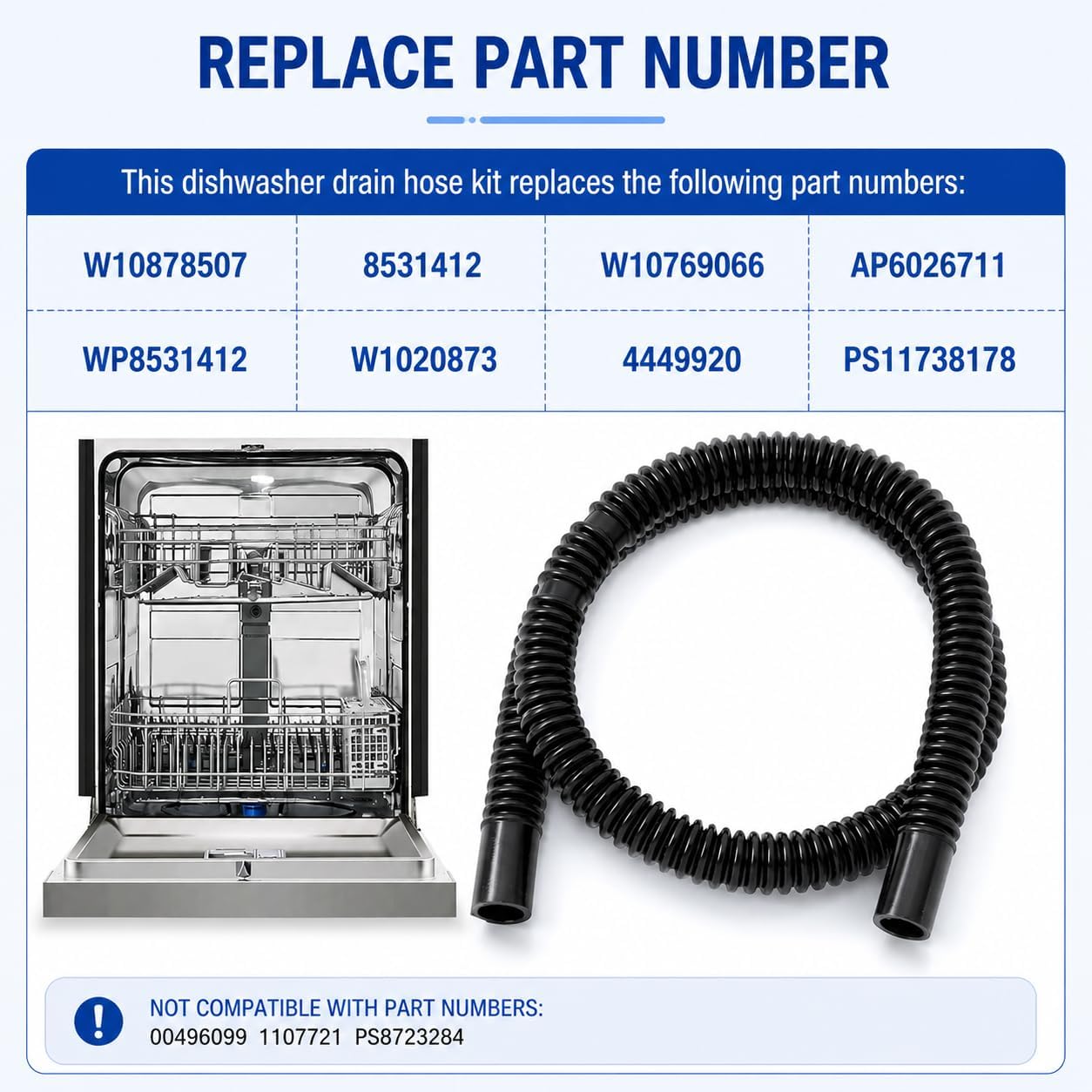 W10878507 Dishwasher Water Inlet Fill Hose Compatible with Whirlpool Kenmore KitchenAid Maytag Amana, Replaces W10769066 WP8531412 AP6026711 8531412, Fits WDTA50SAHZ0