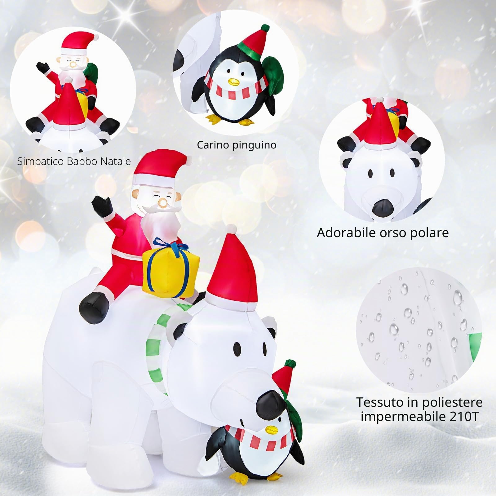 GYMAX Inflatable Natalizio di 210 CM, Orso Polare Gonfiabile con Testa Che Si Agita, Babbo Natale e Pinguino, Decorazione Natalizia Illuminata con Luci LED per Interni ed Esterni, con sacchi d'acqua