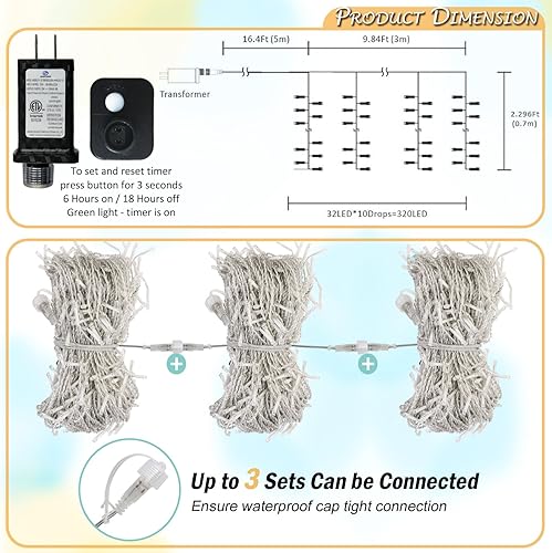 Miniatura 2 de AWQ 320 luces LED de carámbano de Navidad de 26 pies, tira de luces parpadeantes con 13 modos, temporizador y función de memoria, luz de Navidad
