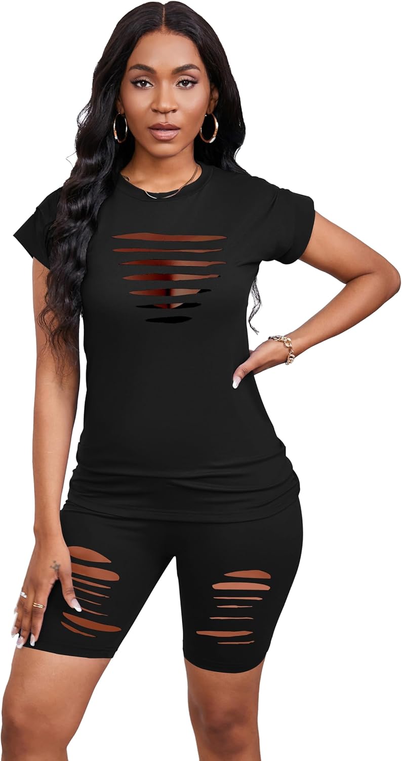 PINSV Women 2 Piece Outfits Summer Sweatsuits Biker Short Workout Jogger Sets - Image 3