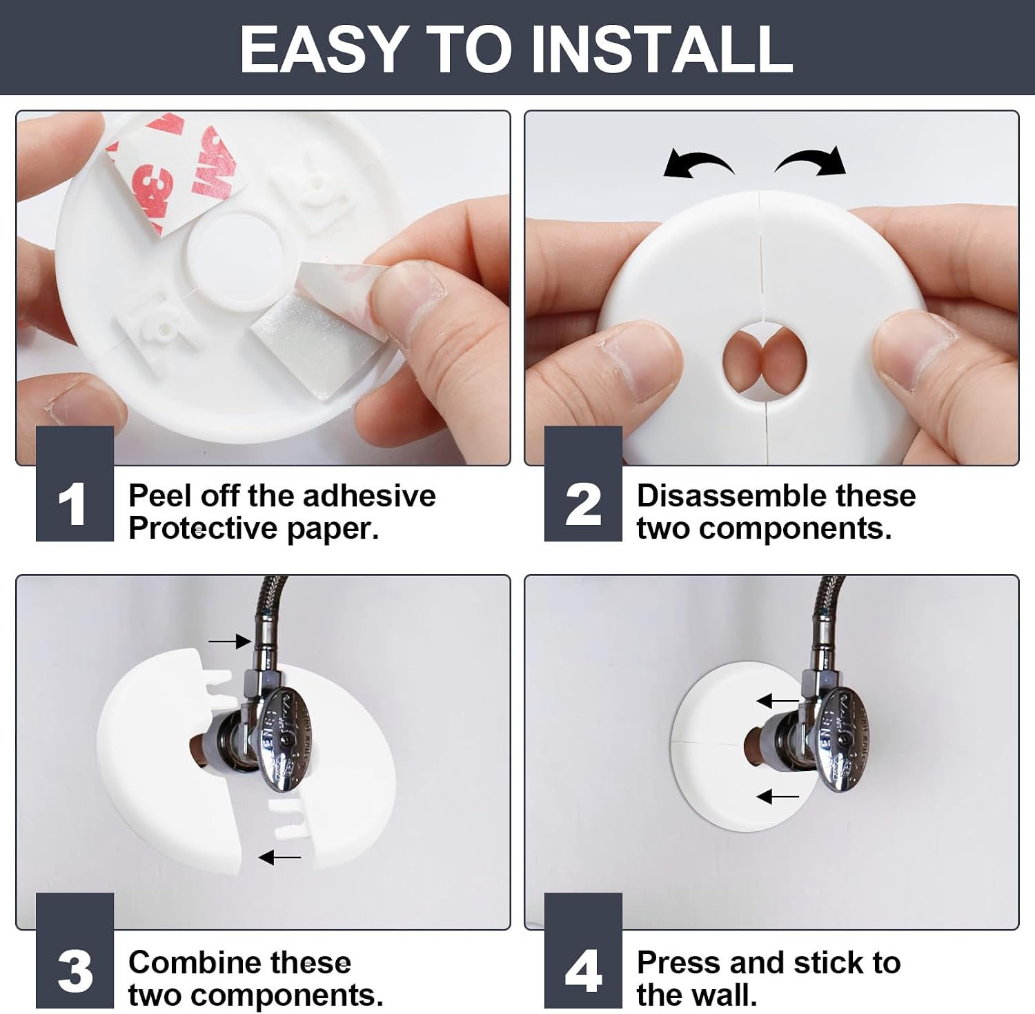 4Pcs 22MM Self-Adhesive Wall Split Flange, White | 3/4 Inch Outer Diameter Pipes, ABS Round Escutcheon Plate, Plumbing Cover Plates, Decorative Faucet Accessories