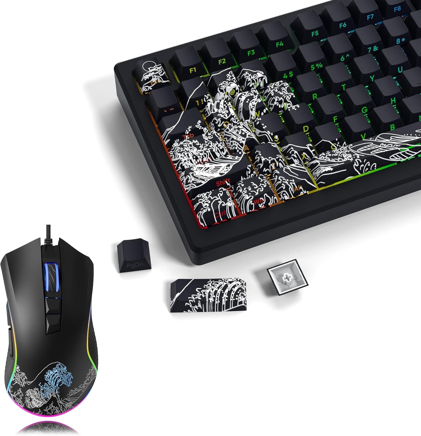 XVX Shine Through Keycaps - PBT Dye Sub Keycap Set, Side Print Keycaps, Wave of Kanagawa Double Shot Key caps and Wired Gaming Mouse