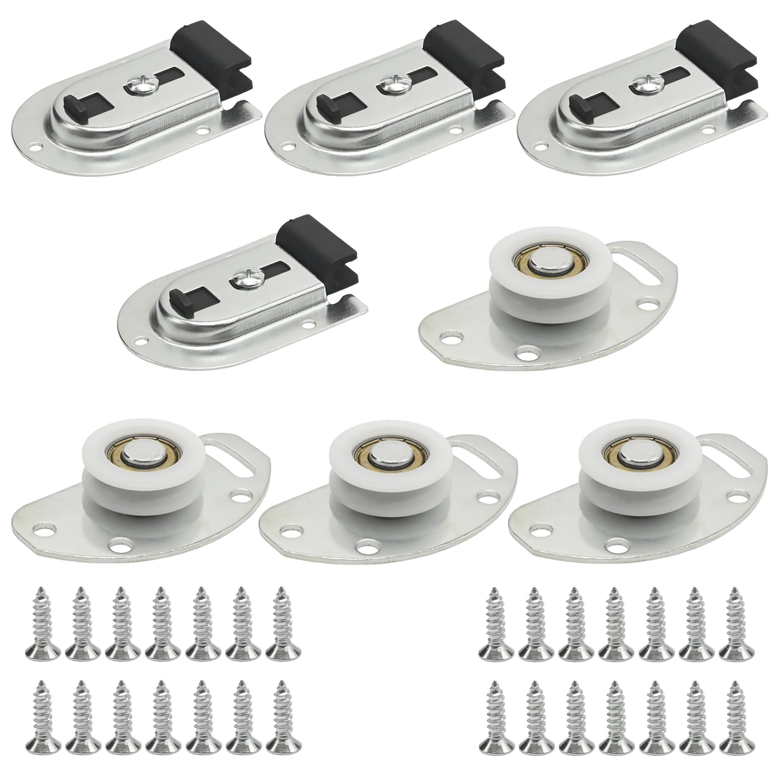 MospdyGear Sliding Door Kit, 4 Pack Bottom Rollers and 4 Pack Top Brackets with 36 Screws, Suitable for Wardrobes, Rooms and Various Sliding Door Installations