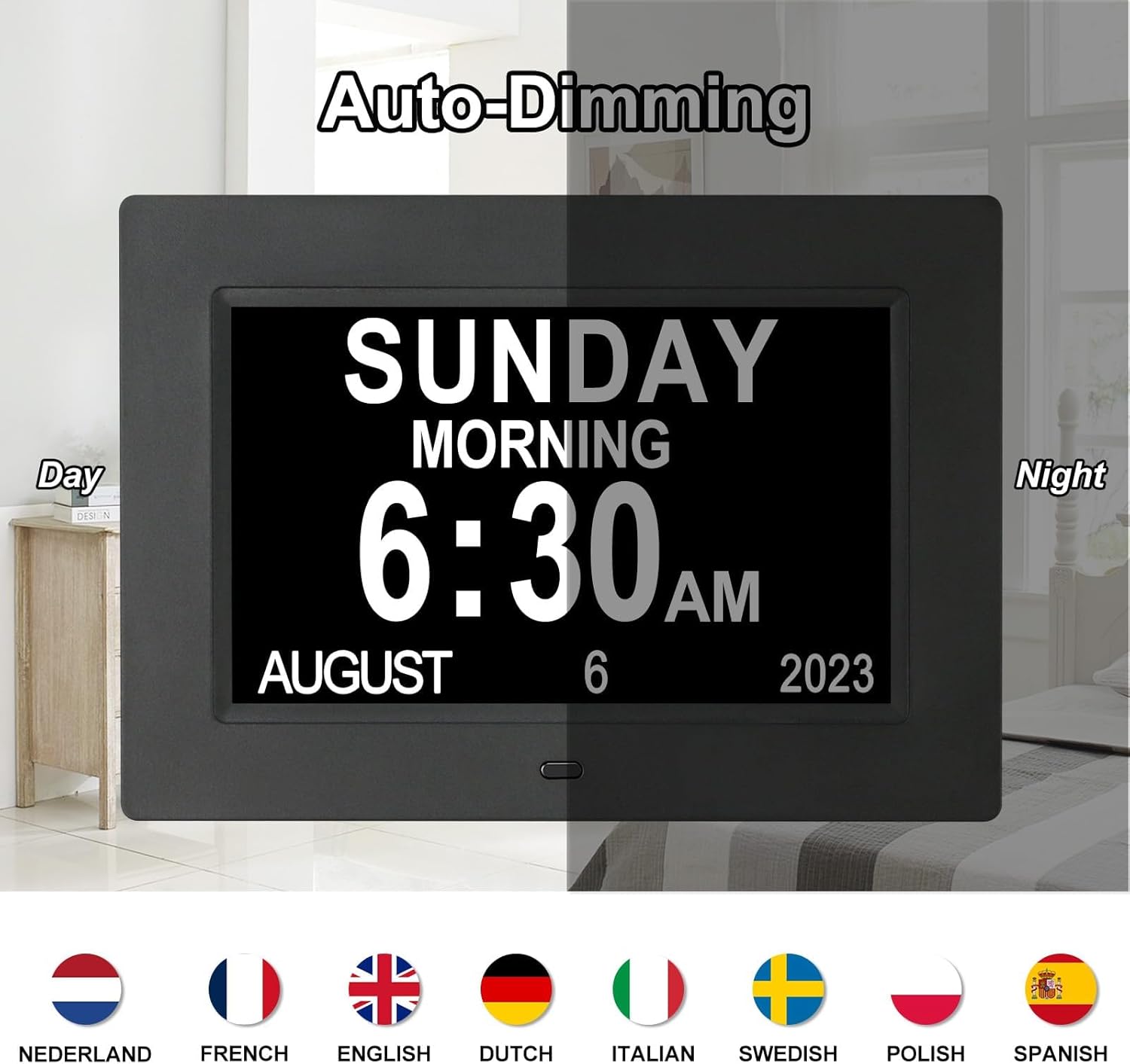TSITSC 7 Inch Digital Day of The Week Clock Extra Large Non-Abbreviated Dementia Day and Date Time Clocks for Seniors Elderly Impaired Vision Memory Loss 12 Alarm Reminders + Auto-Dimming