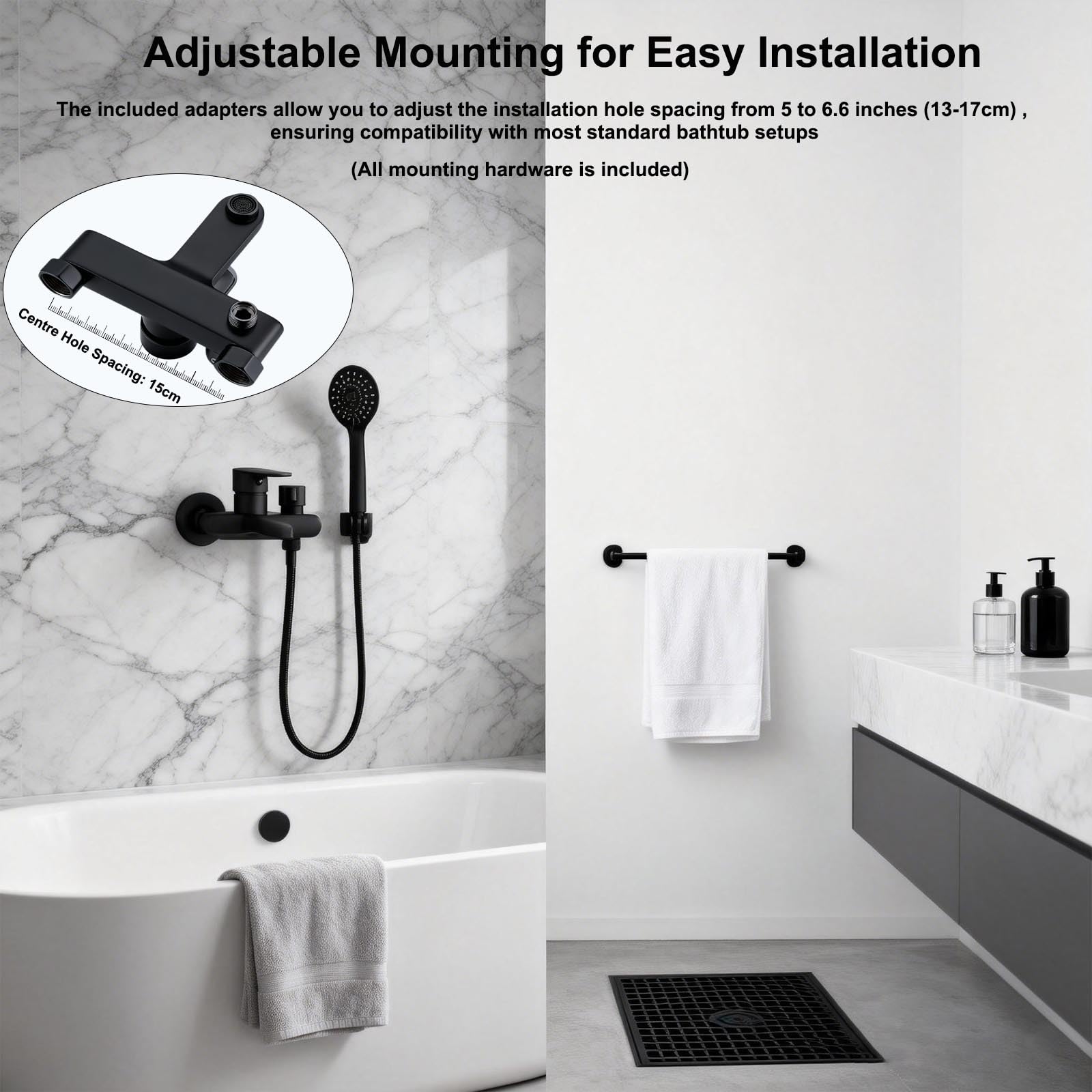 Conjunto de grifería para bañera negro con ducha de mano, grifería para bañera con cabezal de ducha de 3 funciones, manguera de PVC de 1,5 m, montaje en pared de 15 cm y boquilla anti-atasco, juego de