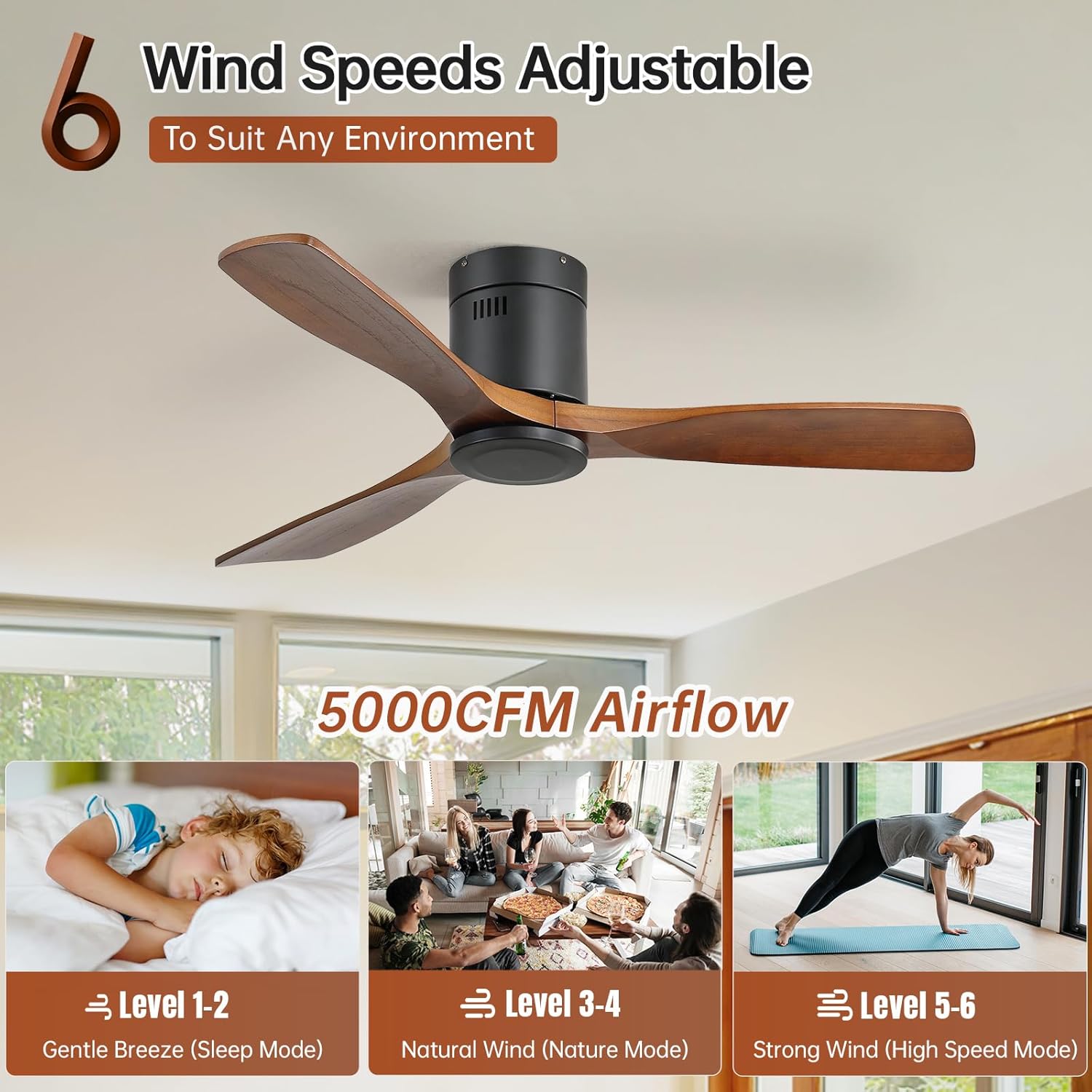 52 Inch Ceiling Fan No Lights with Remote, Low Profile Flush Mount Solid Wood Blades, Quiet Reversible DC Motor for Indoor Outdoor Bedroom Living Room Patio Farmhouse