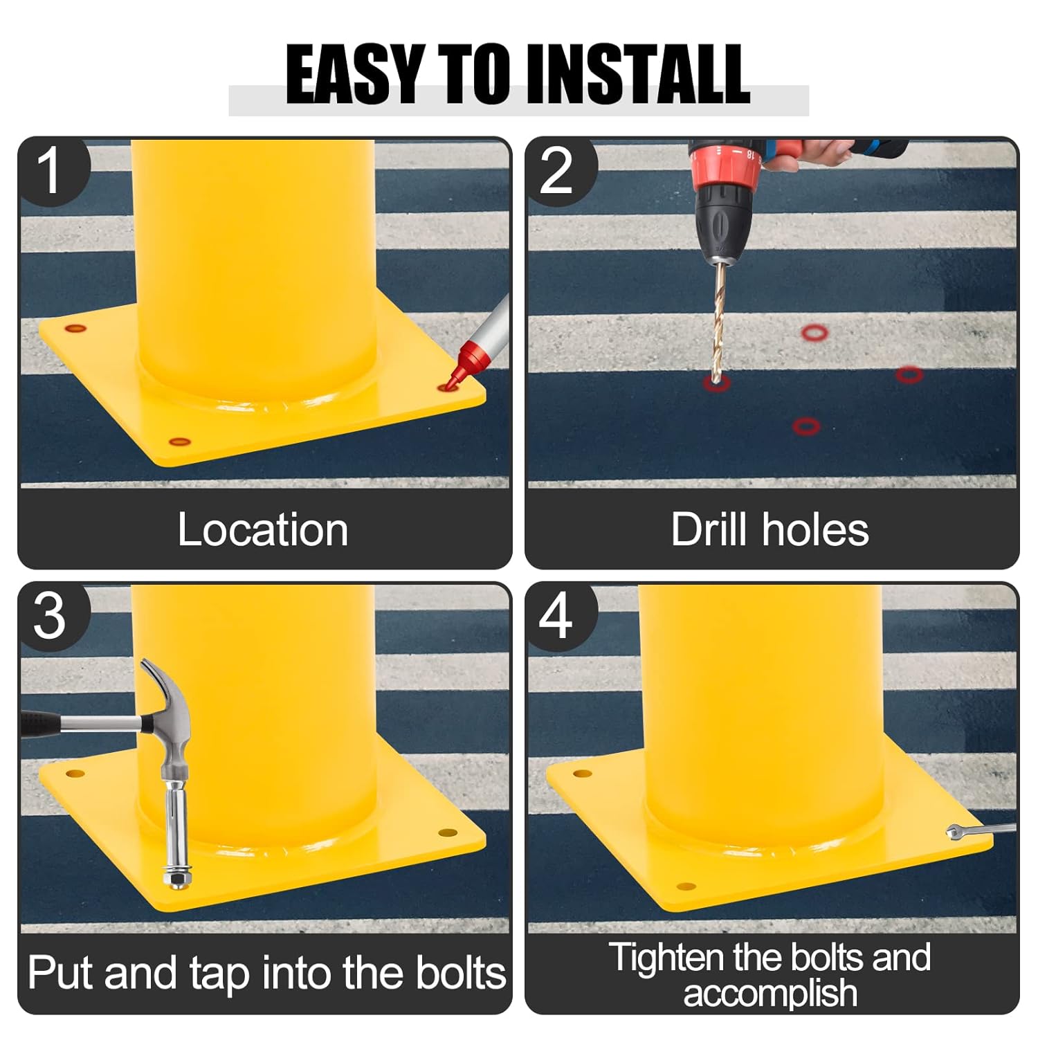 Safety Ballards 36"x4.5", Industrial Yellow Powder Coated Steel Bollards with Anchor Bolts, Ballard Post for High Traffic Areas, 4 Pack