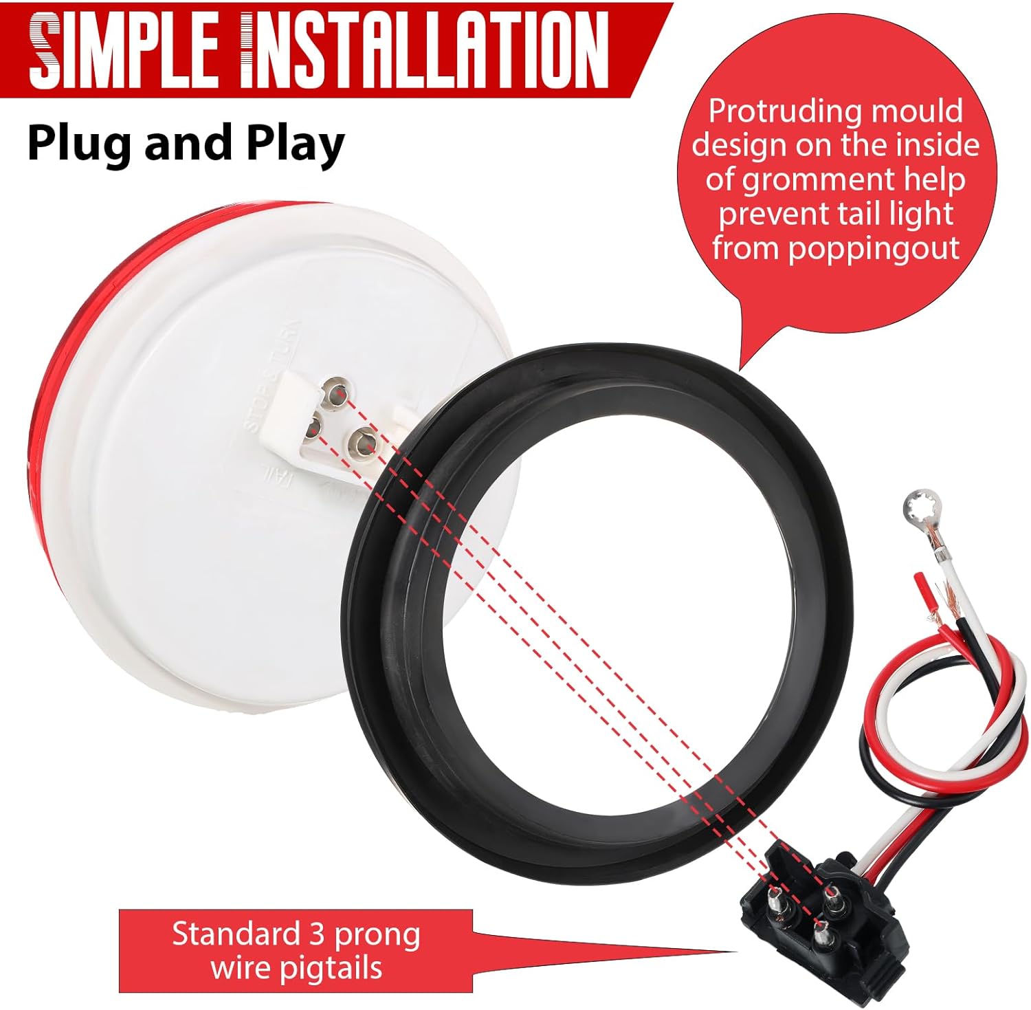 Retisee 12 Pcs 4 Inch Round Trailer Lights 24 LED Trailer Lights 12V LED Brake Turn Reverse Signal Tail Marker with Waterproof Rubber Gaskets for Boat Truck RV(Red, White)