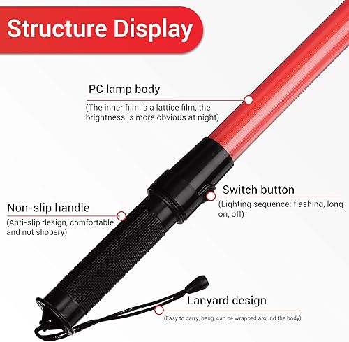 Miniatura 4 de Varita de tráfico de señal de 21 pulgadas, varita de control de tráfico de seguridad, bastón iluminado, bastón de tráfico LED multifunción con 2