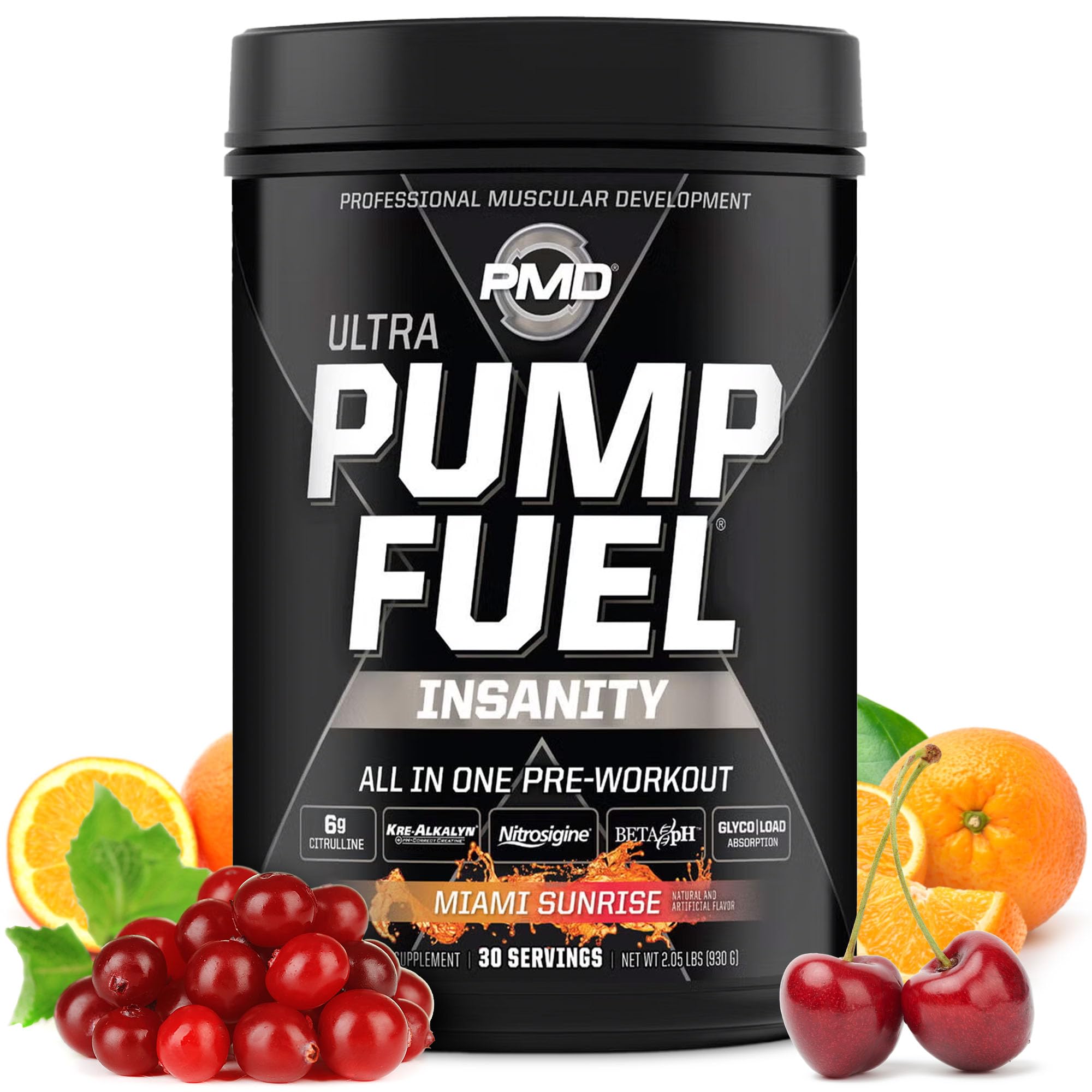 PMDSports Ultra Pump Fuel Insanity - Pre Workout Drink Mix for Energy, Strength, Endurance, Muscle Pumps and Recovery - Complex Carbohydrates and Amino Energy - Miami Sunrise (30 Servings)