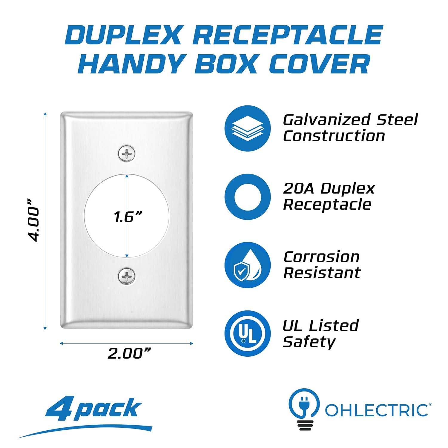 OHLECTRIC 4x2 Power Outlet Electrical Box Cover Wall Plate (4-Pack) 1.6” Diameter Opening for 20A & 30A Receptacles, Heavy-Duty Metal Cover Junction & Device Boxes, High-Amperage Power Outlet Covers